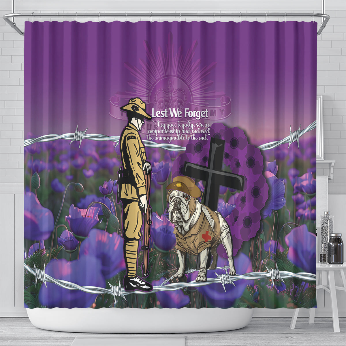 Australia Dog Heroes ANZAC Shower Curtain Remembering All Animals In War Purple Poppies