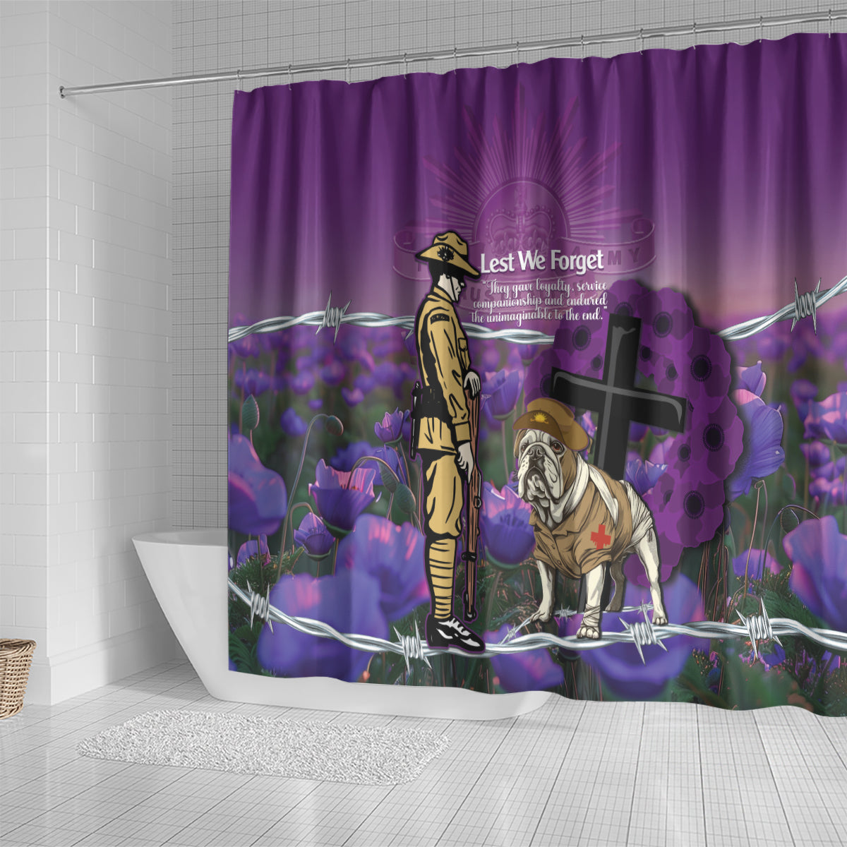 Australia Dog Heroes ANZAC Shower Curtain Remembering All Animals In War Purple Poppies