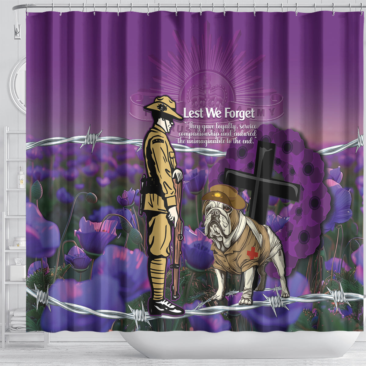 Australia Dog Heroes ANZAC Shower Curtain Remembering All Animals In War Purple Poppies