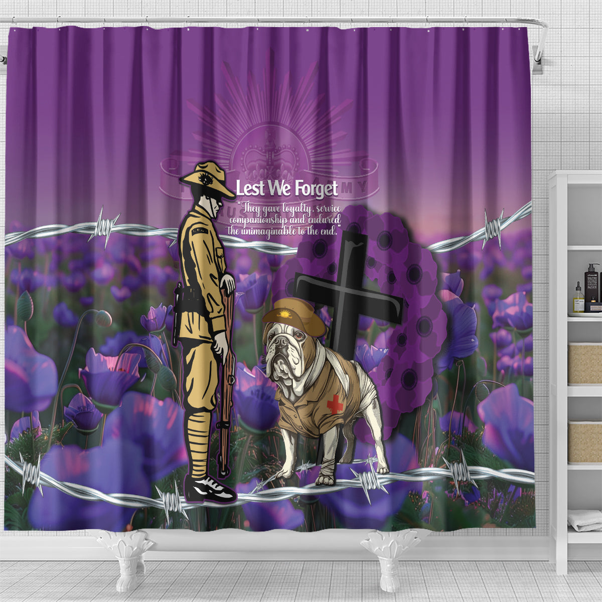 Australia Dog Heroes ANZAC Shower Curtain Remembering All Animals In War Purple Poppies