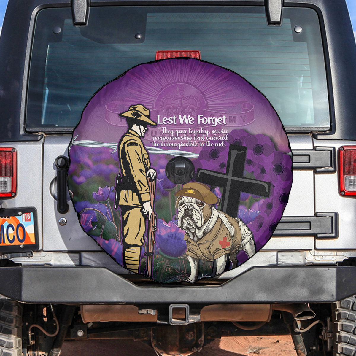 Australia Dog Heroes ANZAC Spare Tire Cover Remembering All Animals In War Purple Poppies - Vibe Hoodie Shop