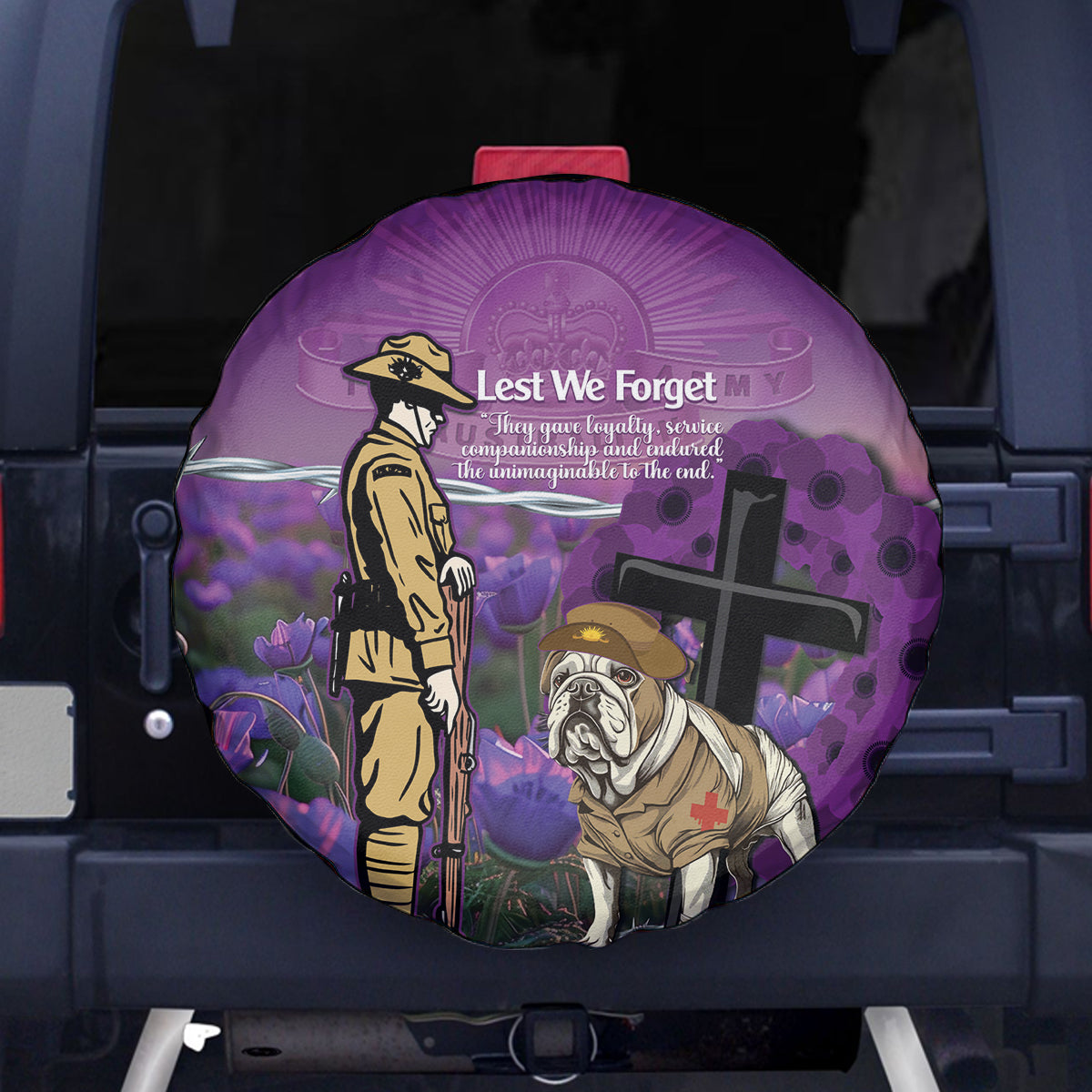 Australia Dog Heroes ANZAC Spare Tire Cover Remembering All Animals In War Purple Poppies - Vibe Hoodie Shop