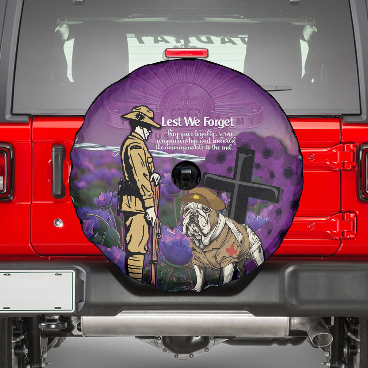 Australia Dog Heroes ANZAC Spare Tire Cover Remembering All Animals In War Purple Poppies - Vibe Hoodie Shop