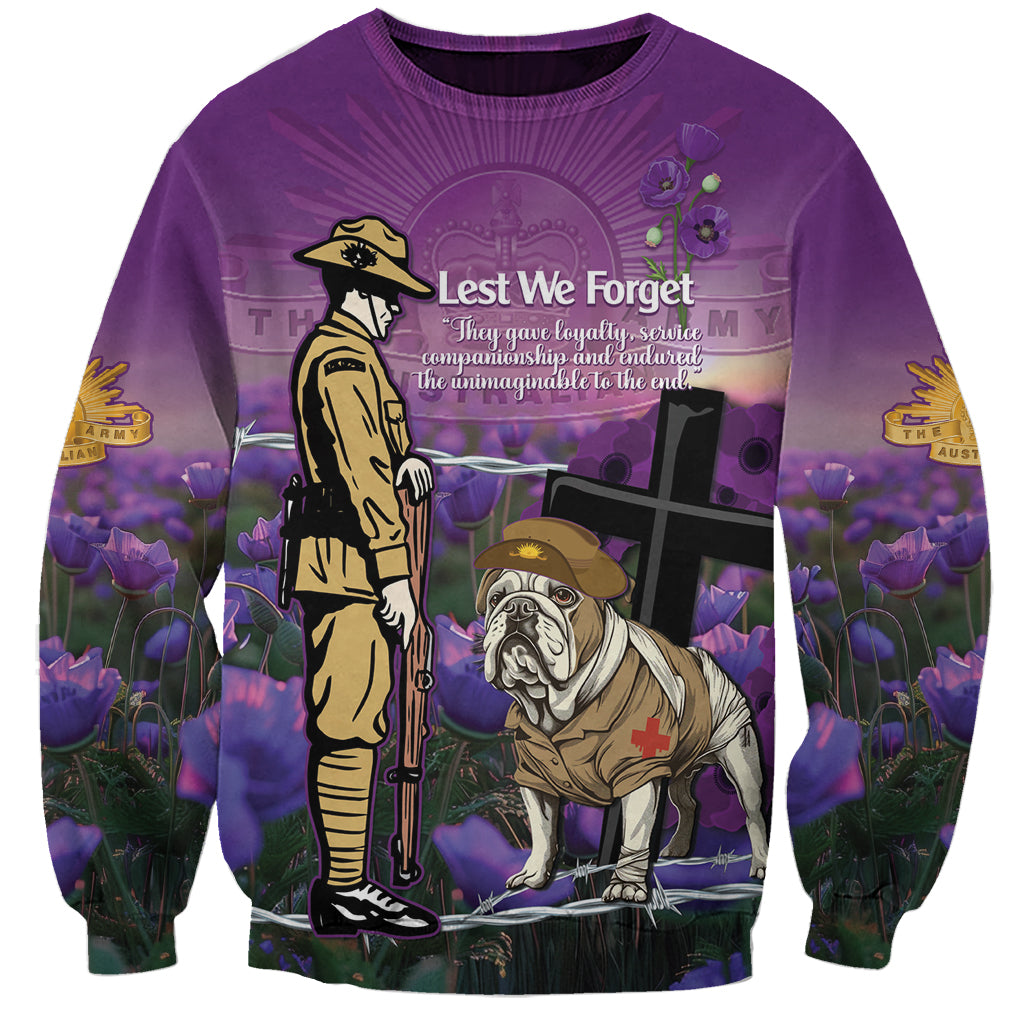 Australia Dog Heroes ANZAC Sweatshirt Remembering All Animals In War Purple Poppies - Vibe Hoodie Shop