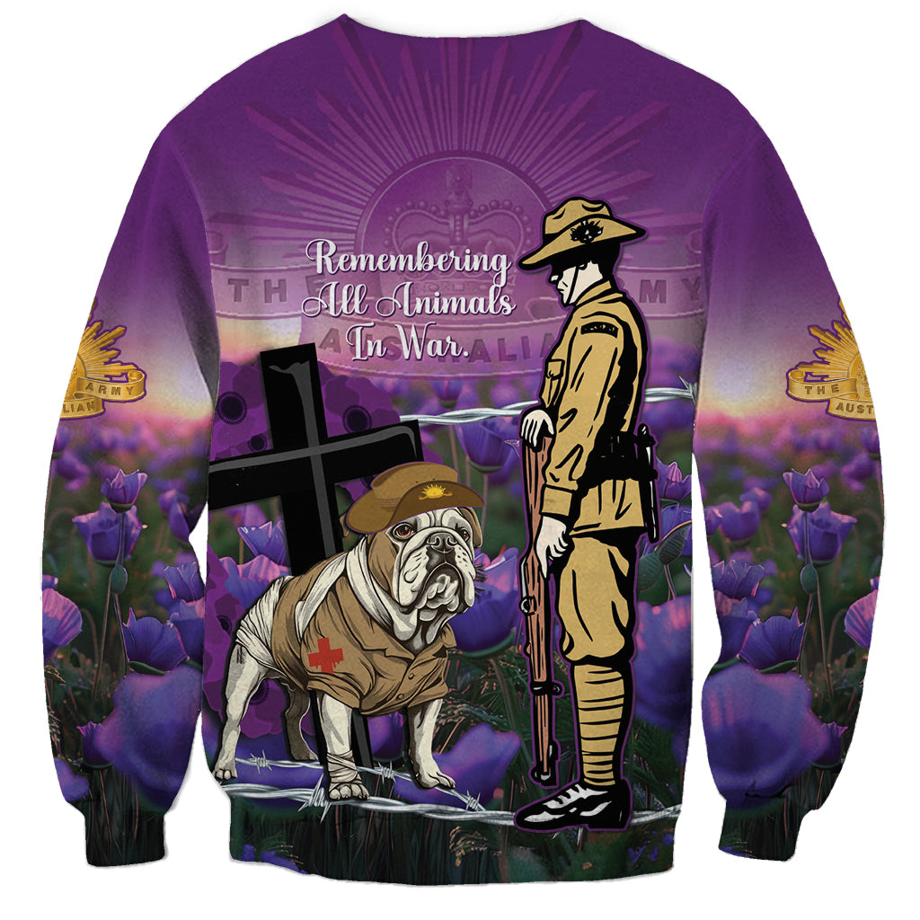 Australia Dog Heroes ANZAC Sweatshirt Remembering All Animals In War Purple Poppies - Vibe Hoodie Shop