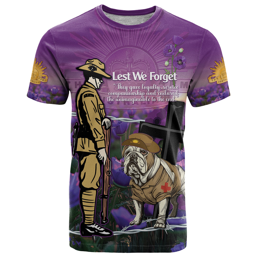 Australia Dog Heroes ANZAC T Shirt Remembering All Animals In War Purple Poppies - Vibe Hoodie Shop