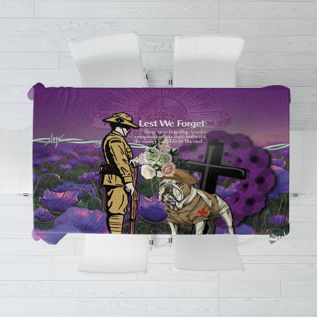 Australia Dog Heroes ANZAC Tablecloth Remembering All Animals In War Purple Poppies