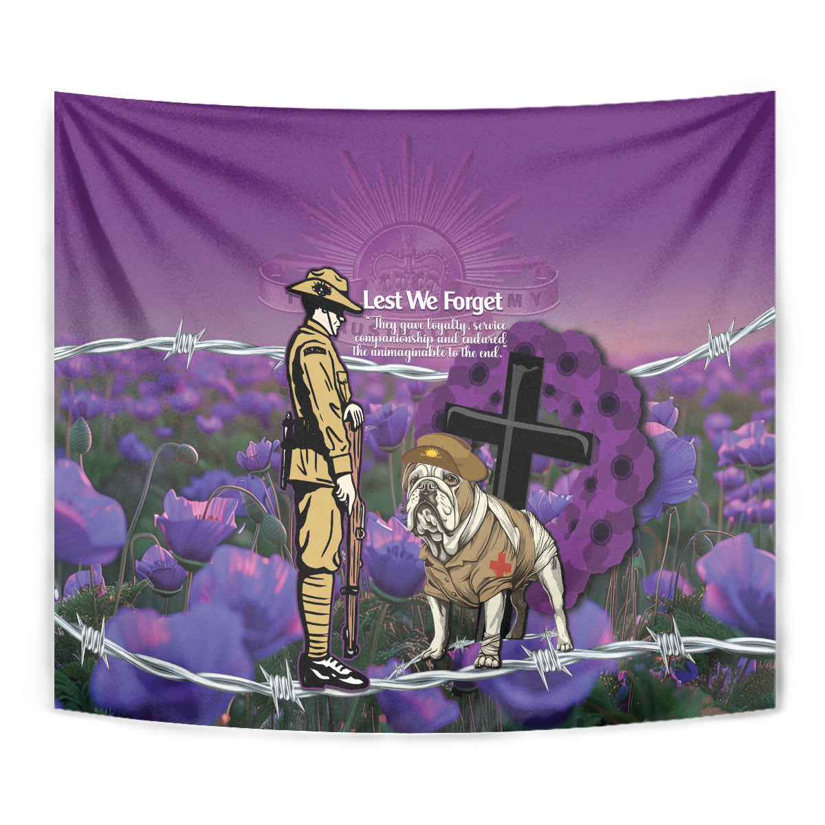 Australia Dog Heroes ANZAC Tapestry Remembering All Animals In War Purple Poppies - Vibe Hoodie Shop