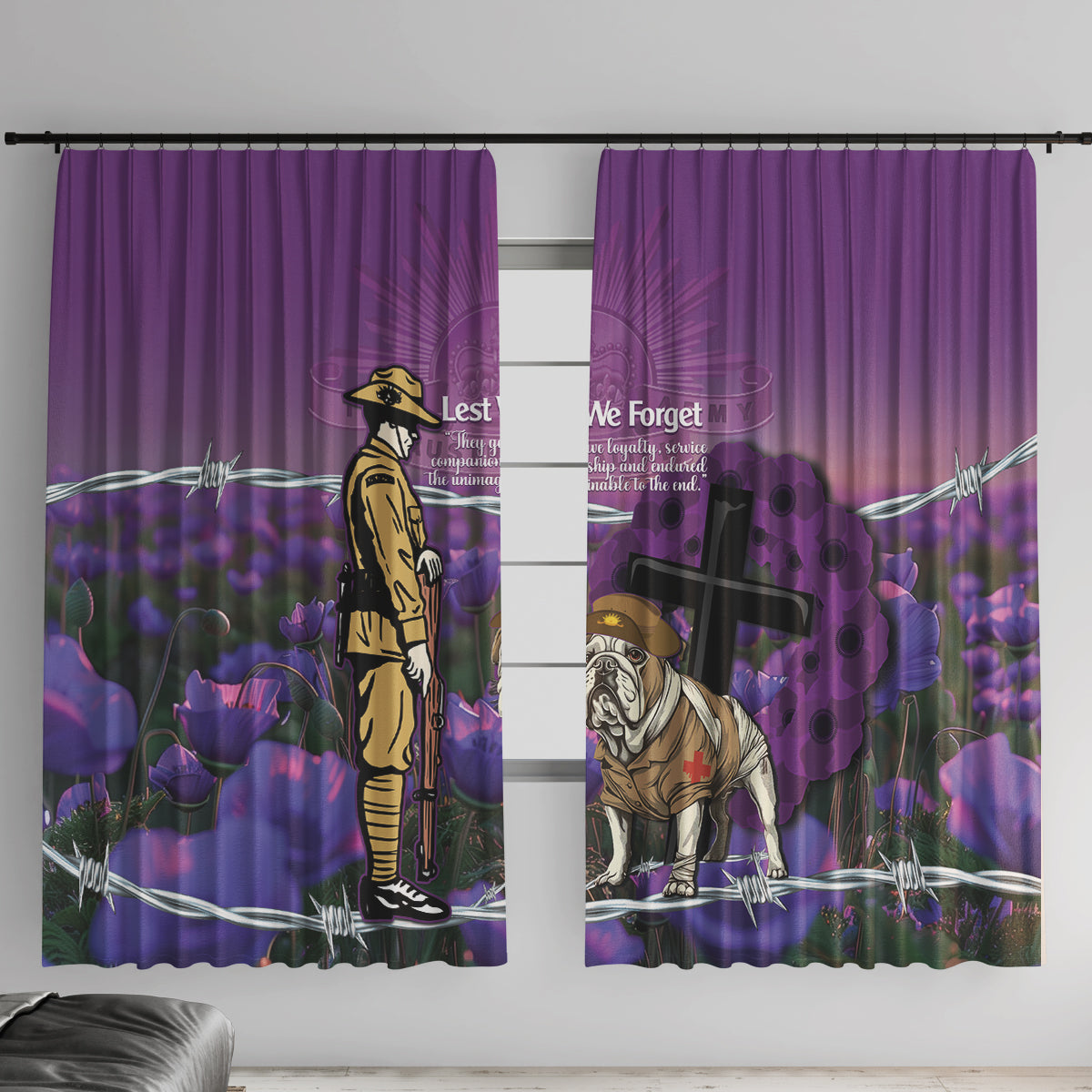 Australia Dog Heroes ANZAC Window Curtain Remembering All Animals In War Purple Poppies