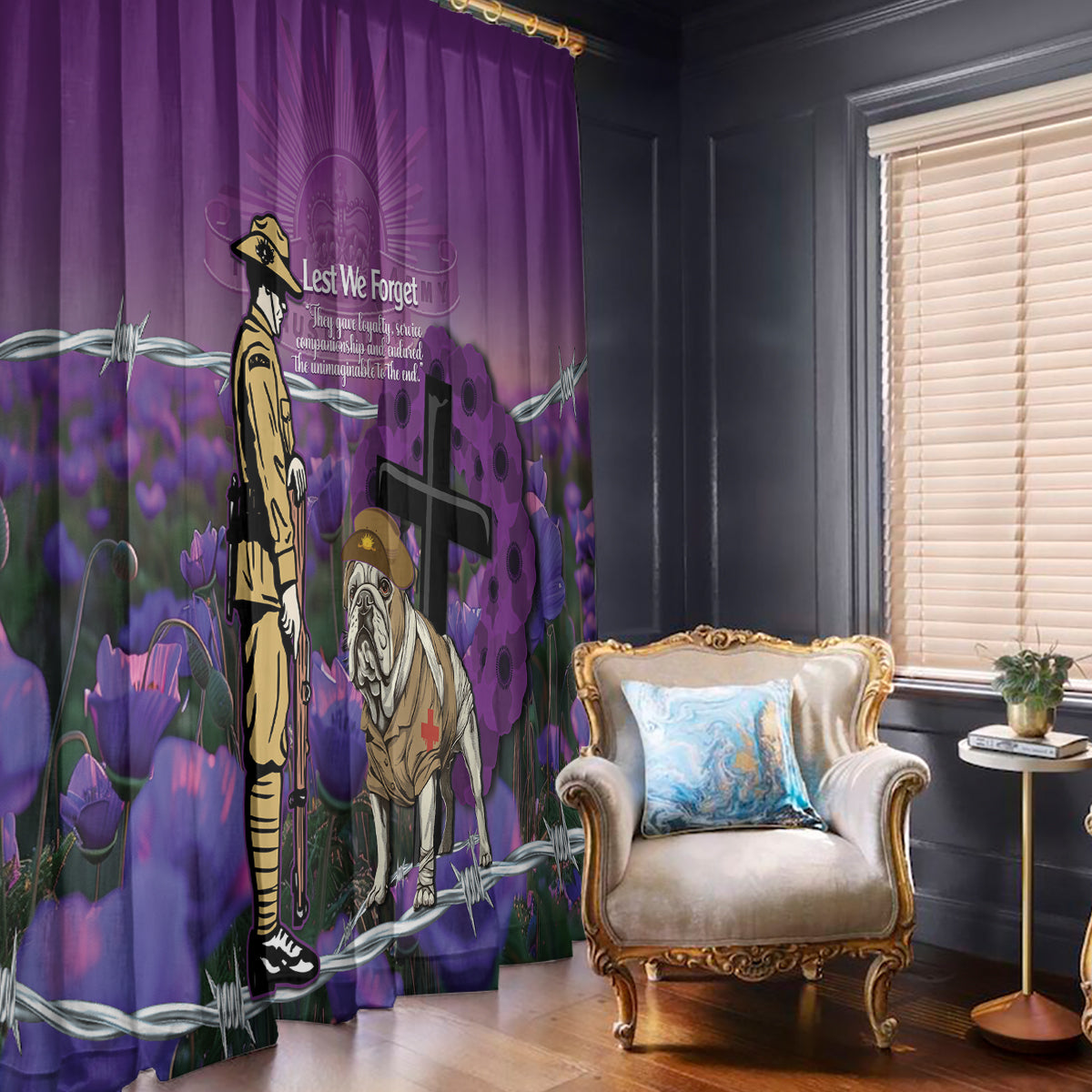 Australia Dog Heroes ANZAC Window Curtain Remembering All Animals In War Purple Poppies