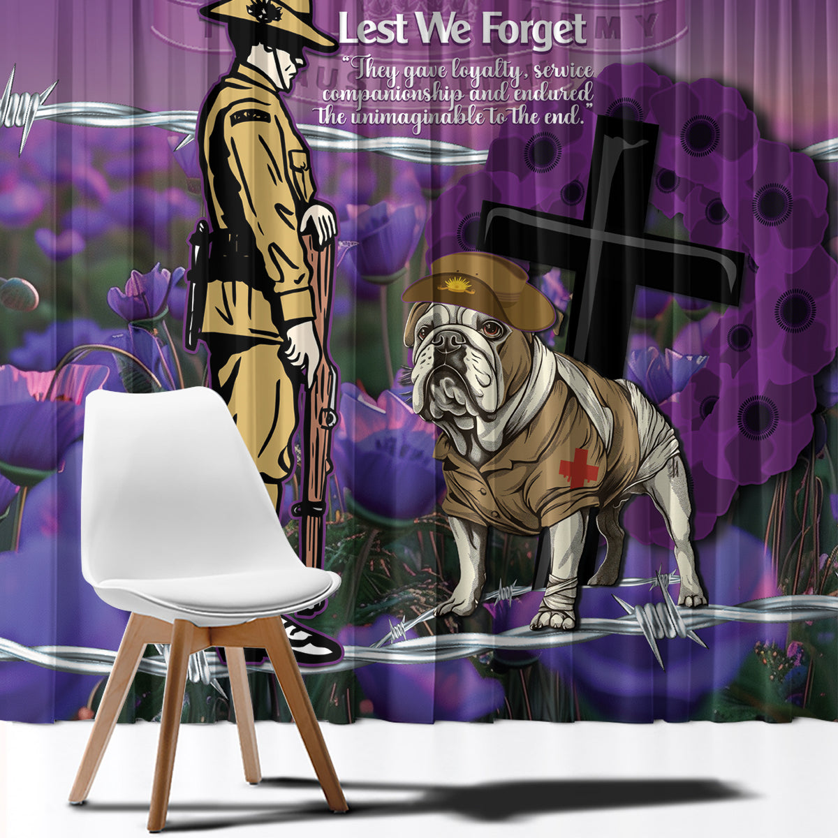 Australia Dog Heroes ANZAC Window Curtain Remembering All Animals In War Purple Poppies