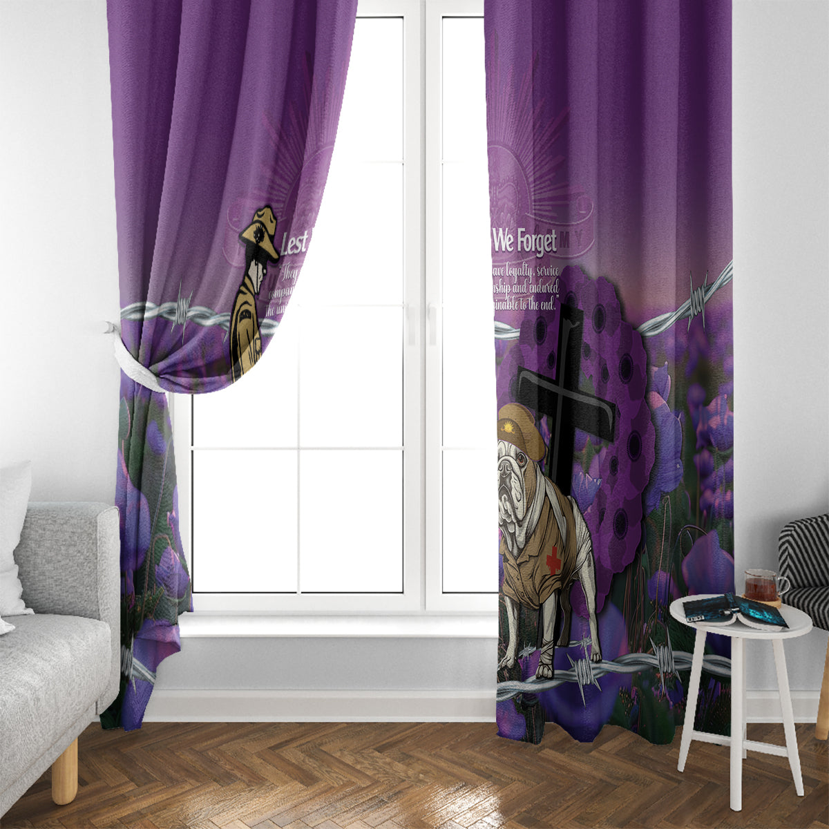 Australia Dog Heroes ANZAC Window Curtain Remembering All Animals In War Purple Poppies