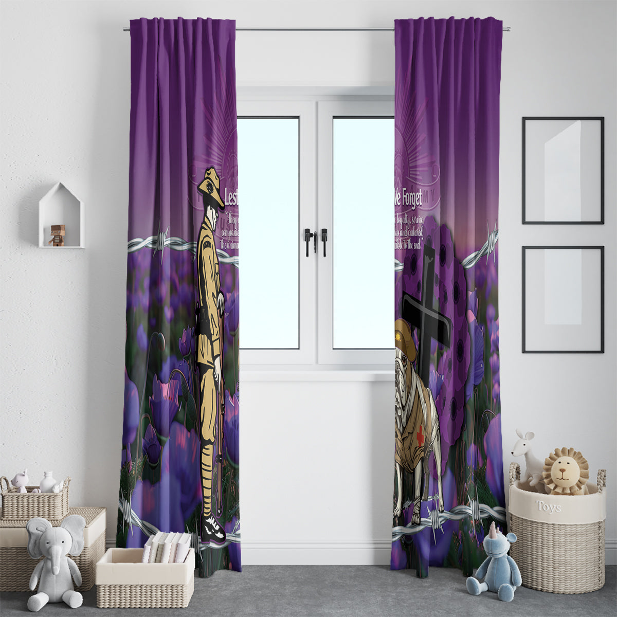 Australia Dog Heroes ANZAC Window Curtain Remembering All Animals In War Purple Poppies
