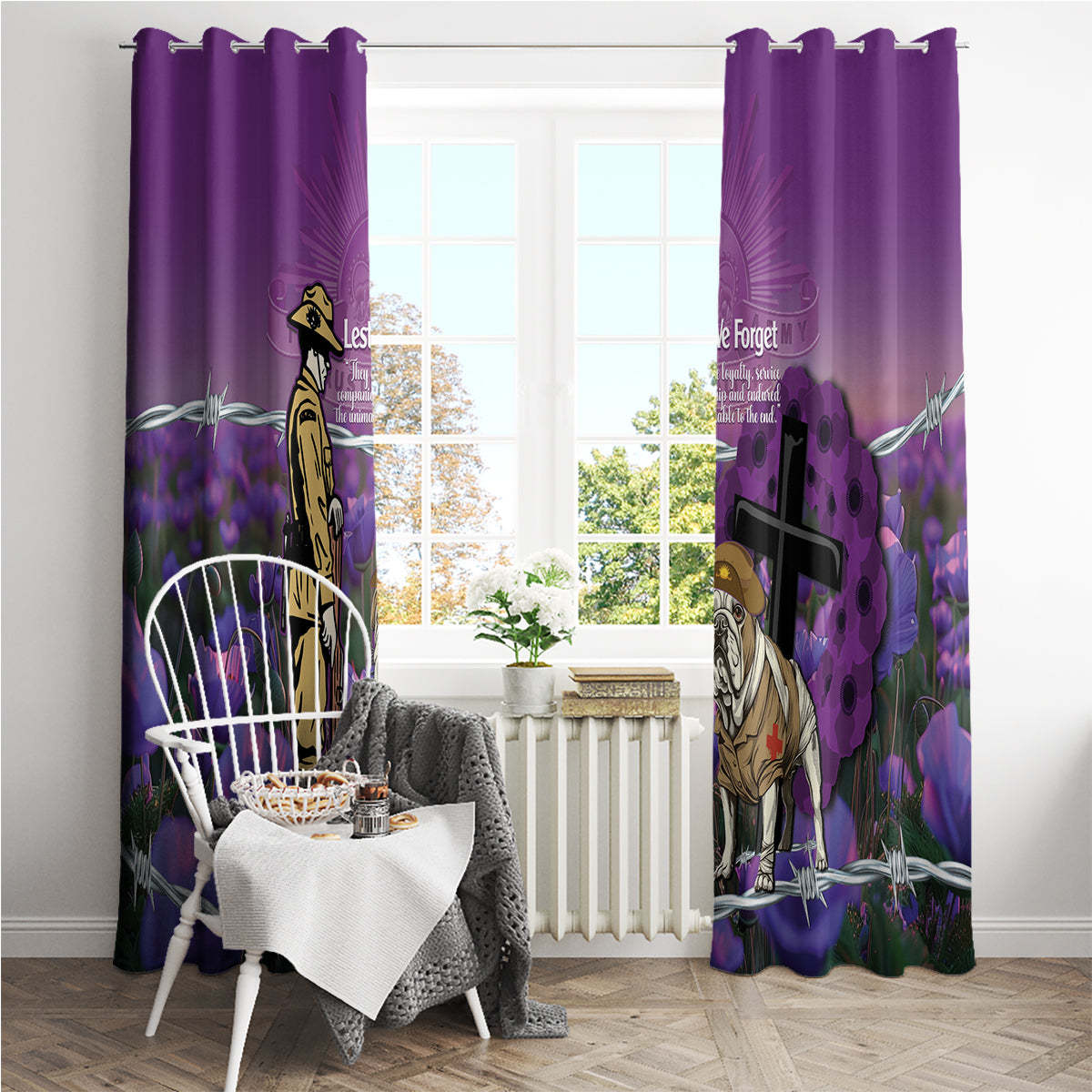 Australia Dog Heroes ANZAC Window Curtain Remembering All Animals In War Purple Poppies