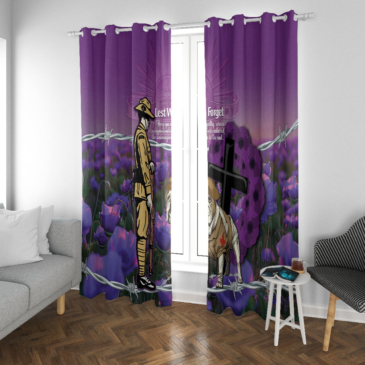 Australia Dog Heroes ANZAC Window Curtain Remembering All Animals In War Purple Poppies