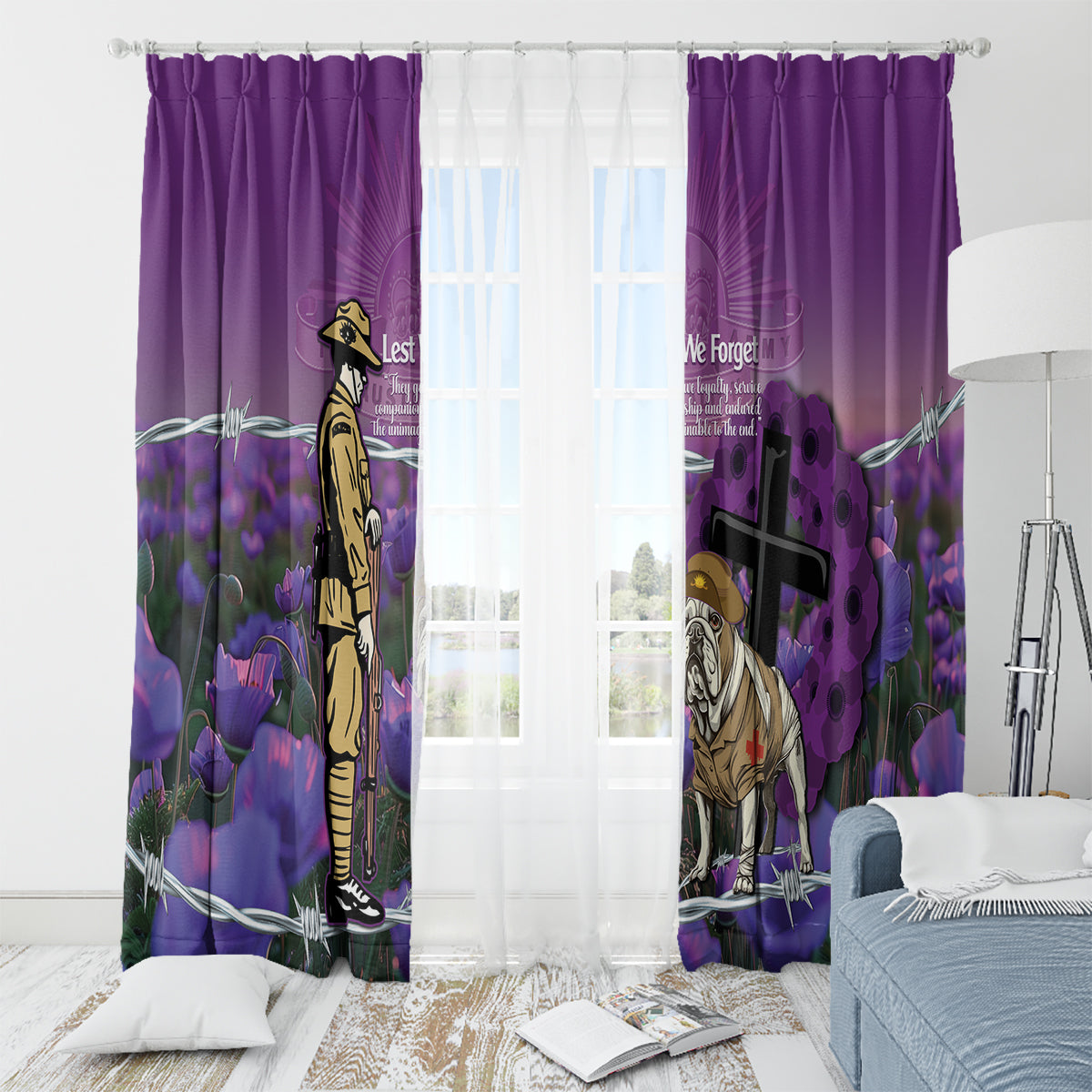 Australia Dog Heroes ANZAC Window Curtain Remembering All Animals In War Purple Poppies