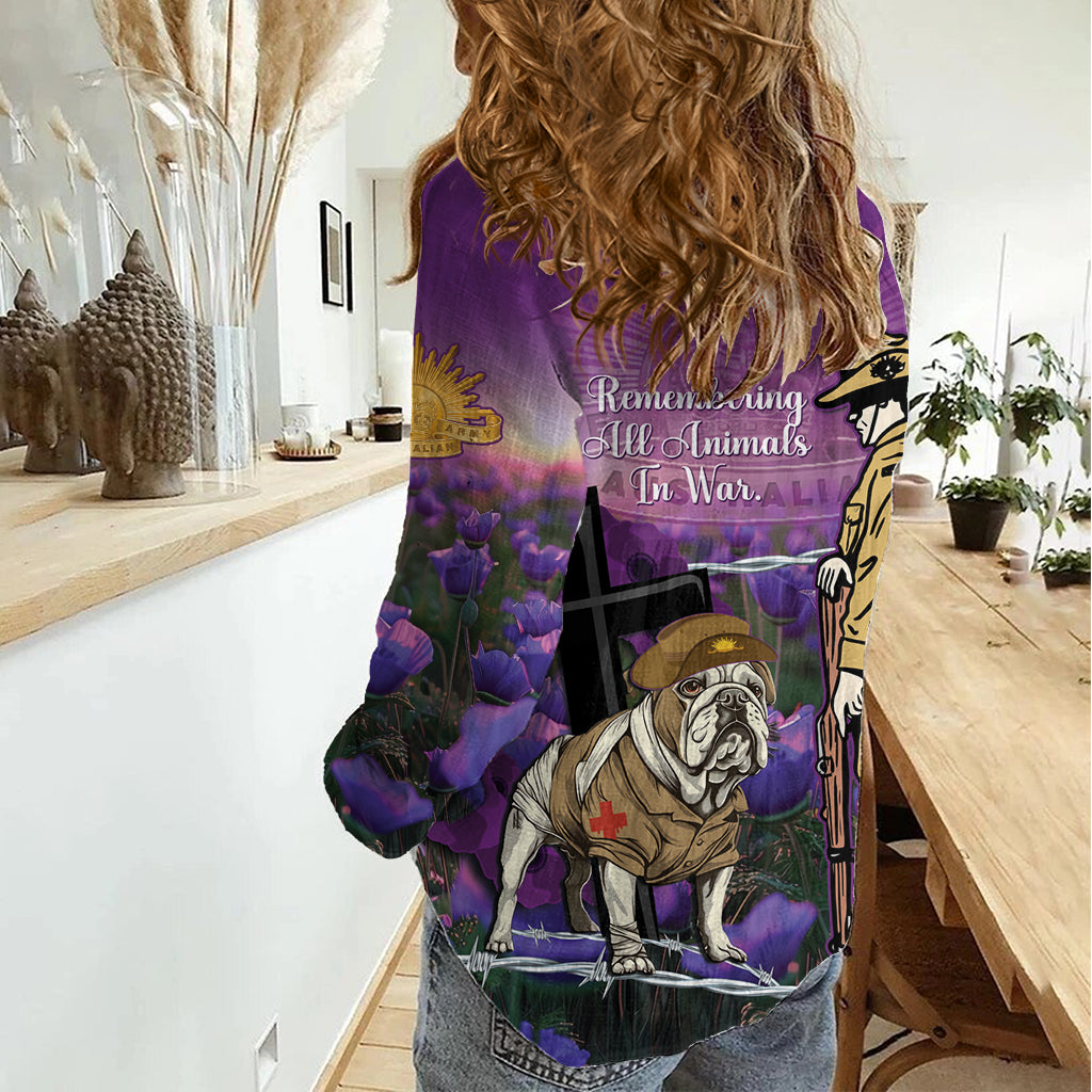 Australia Dog Heroes ANZAC Women Casual Shirt Remembering All Animals In War Purple Poppies - Vibe Hoodie Shop