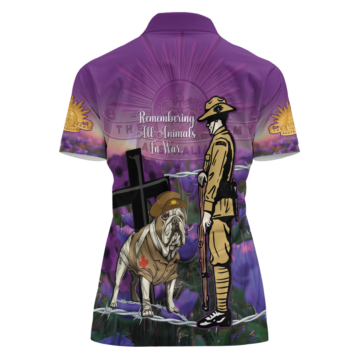 Australia Dog Heroes ANZAC Women Polo Shirt Remembering All Animals In War Purple Poppies - Vibe Hoodie Shop