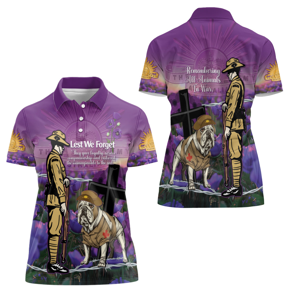 Australia Dog Heroes ANZAC Women Polo Shirt Remembering All Animals In War Purple Poppies - Vibe Hoodie Shop