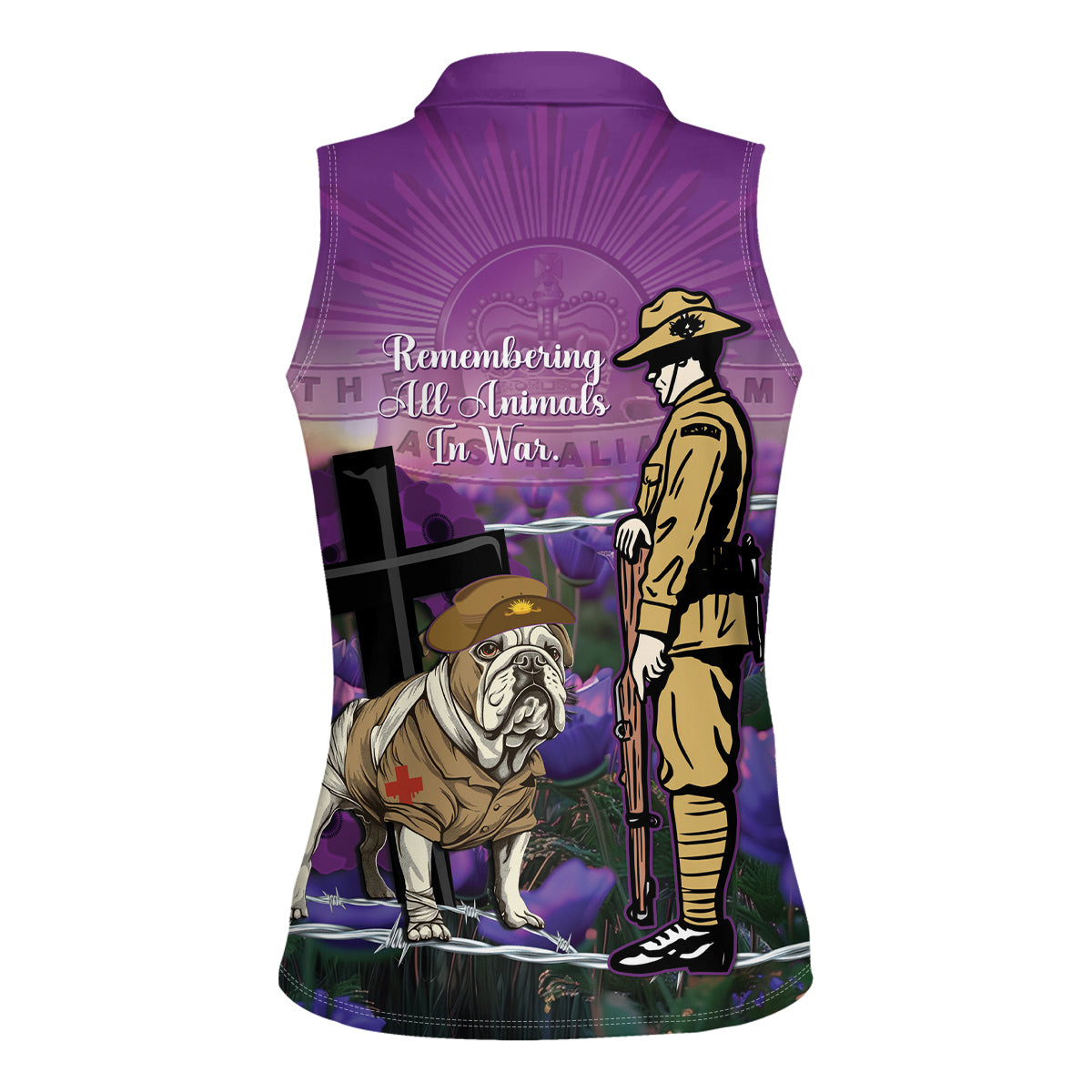 Australia Dog Heroes ANZAC Women Sleeveless Polo Shirt Remembering All Animals In War Purple Poppies