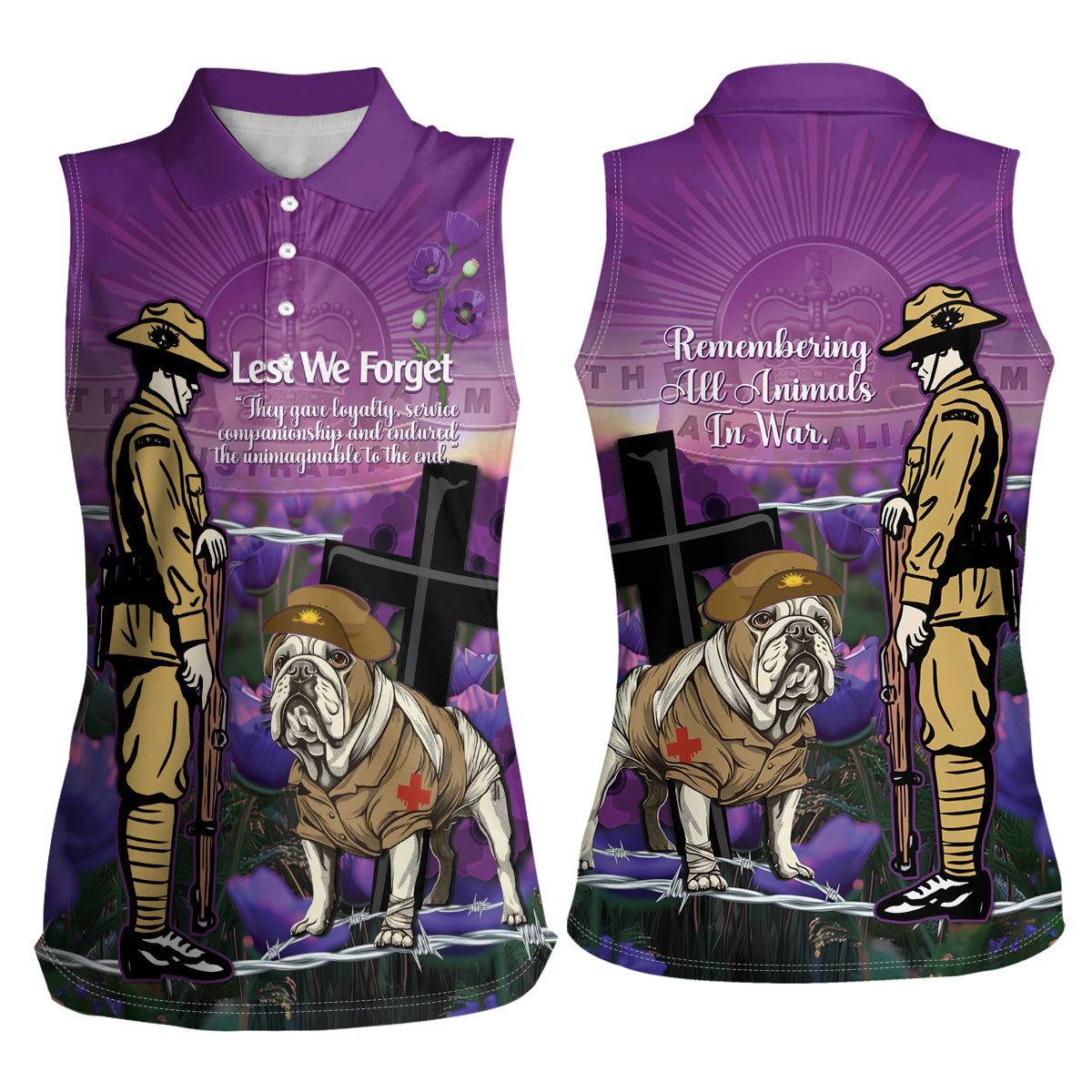 Australia Dog Heroes ANZAC Women Sleeveless Polo Shirt Remembering All Animals In War Purple Poppies