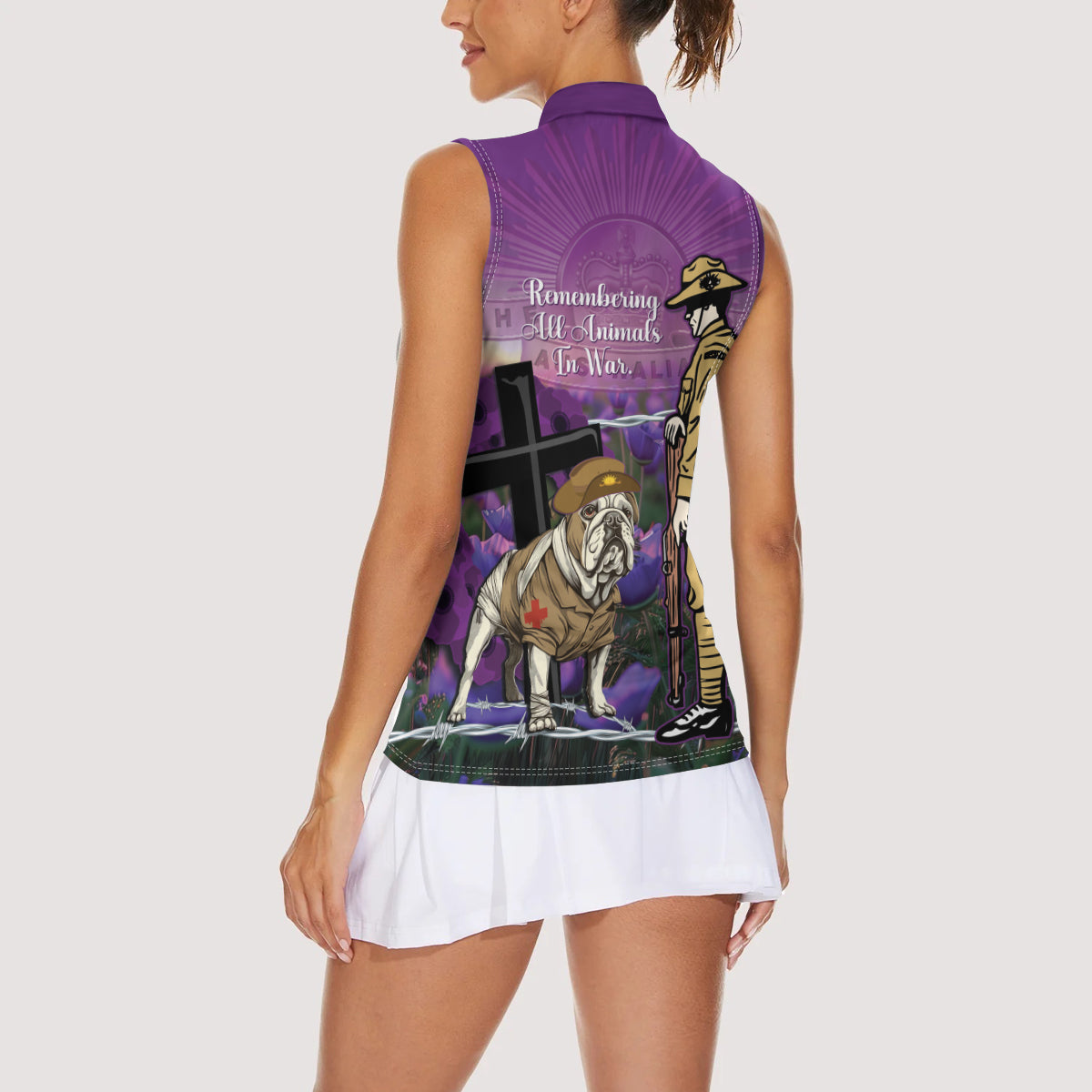 Australia Dog Heroes ANZAC Women Sleeveless Polo Shirt Remembering All Animals In War Purple Poppies