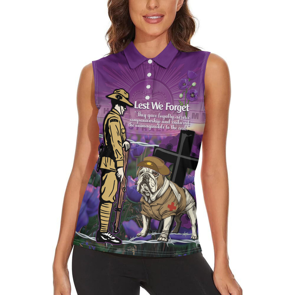 Australia Dog Heroes ANZAC Women Sleeveless Polo Shirt Remembering All Animals In War Purple Poppies