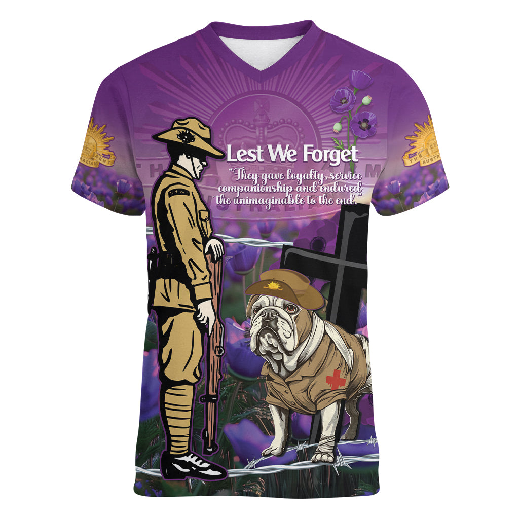 Australia Dog Heroes ANZAC Women V-Neck T-Shirt Remembering All Animals In War Purple Poppies - Vibe Hoodie Shop