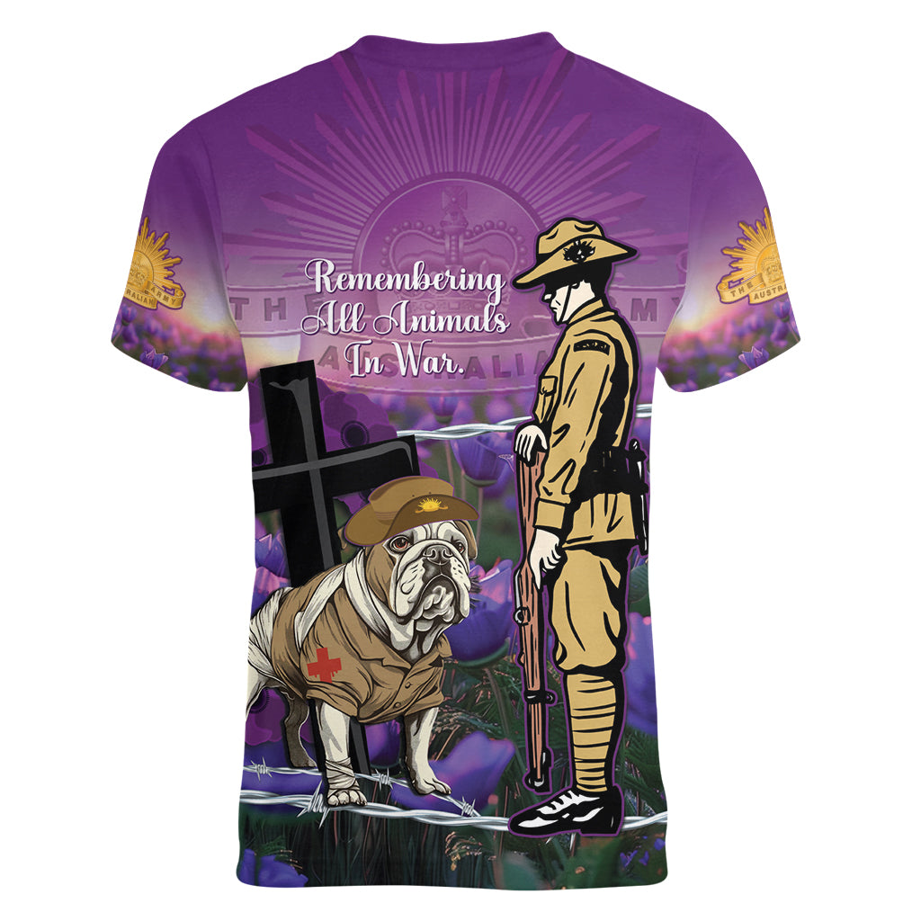 Australia Dog Heroes ANZAC Women V-Neck T-Shirt Remembering All Animals In War Purple Poppies - Vibe Hoodie Shop