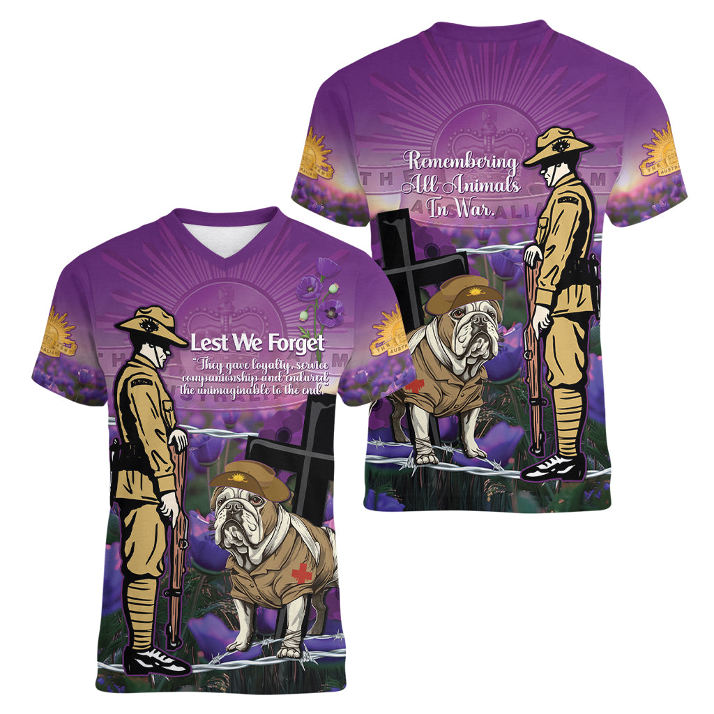 Australia Dog Heroes ANZAC Women V-Neck T-Shirt Remembering All Animals In War Purple Poppies - Vibe Hoodie Shop