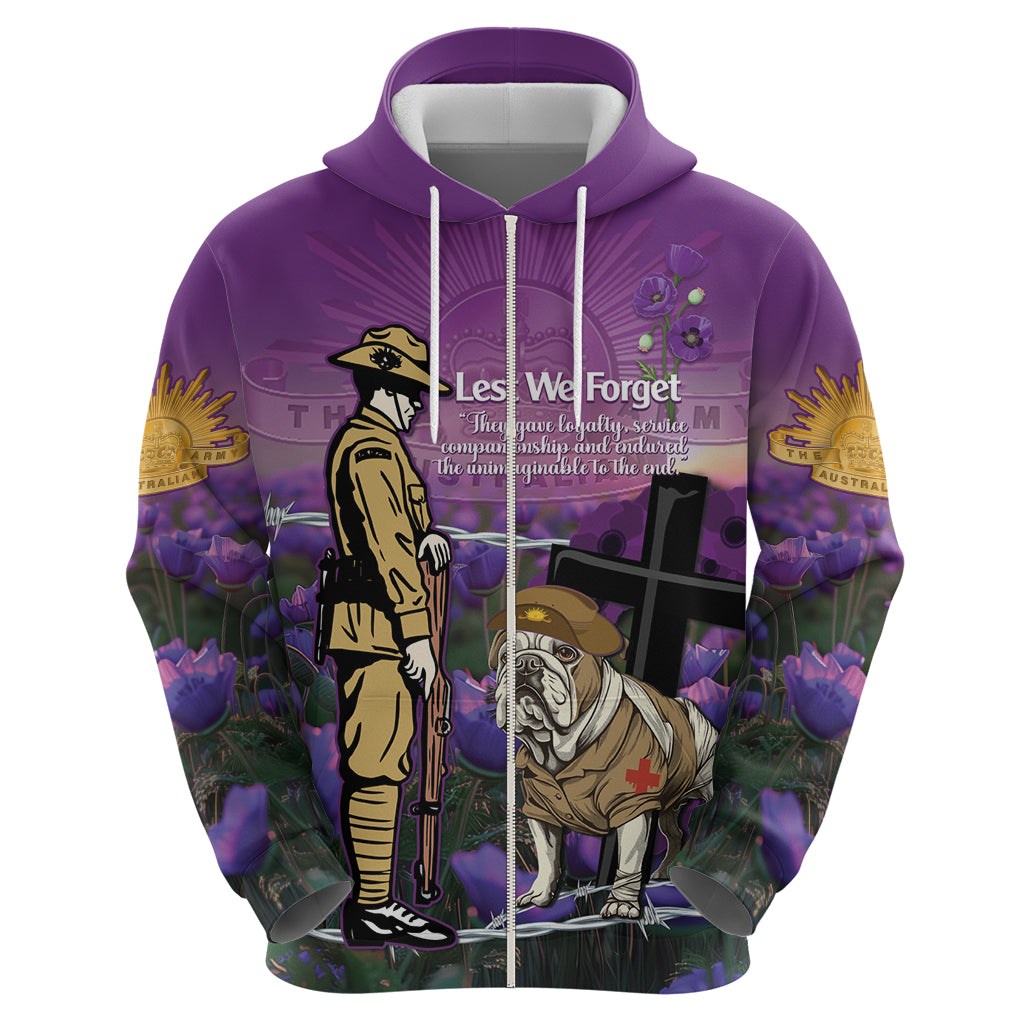 Australia Dog Heroes ANZAC Zip Hoodie Remembering All Animals In War Purple Poppies - Vibe Hoodie Shop