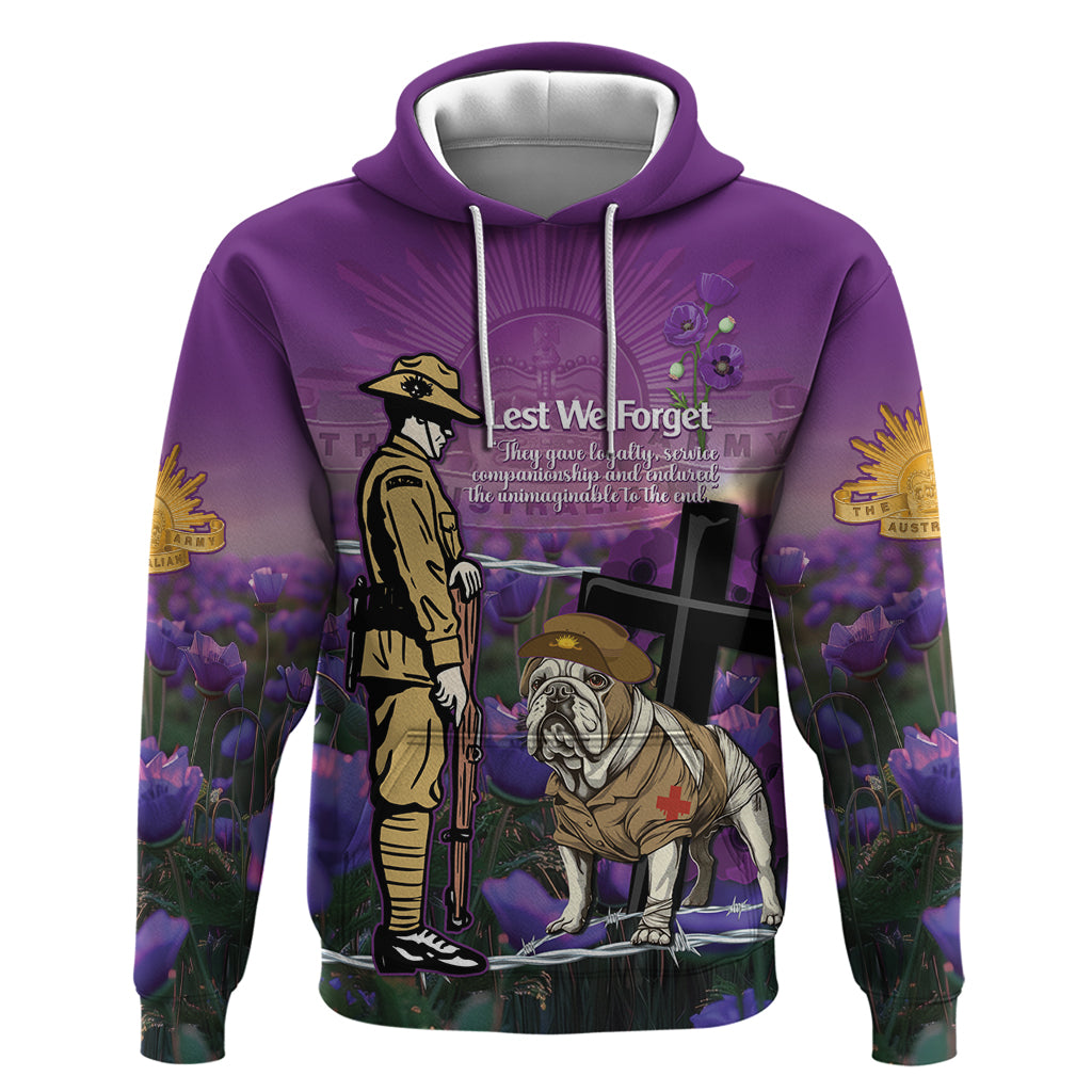 Australia Dog Heroes ANZAC Zip Hoodie Remembering All Animals In War Purple Poppies - Vibe Hoodie Shop