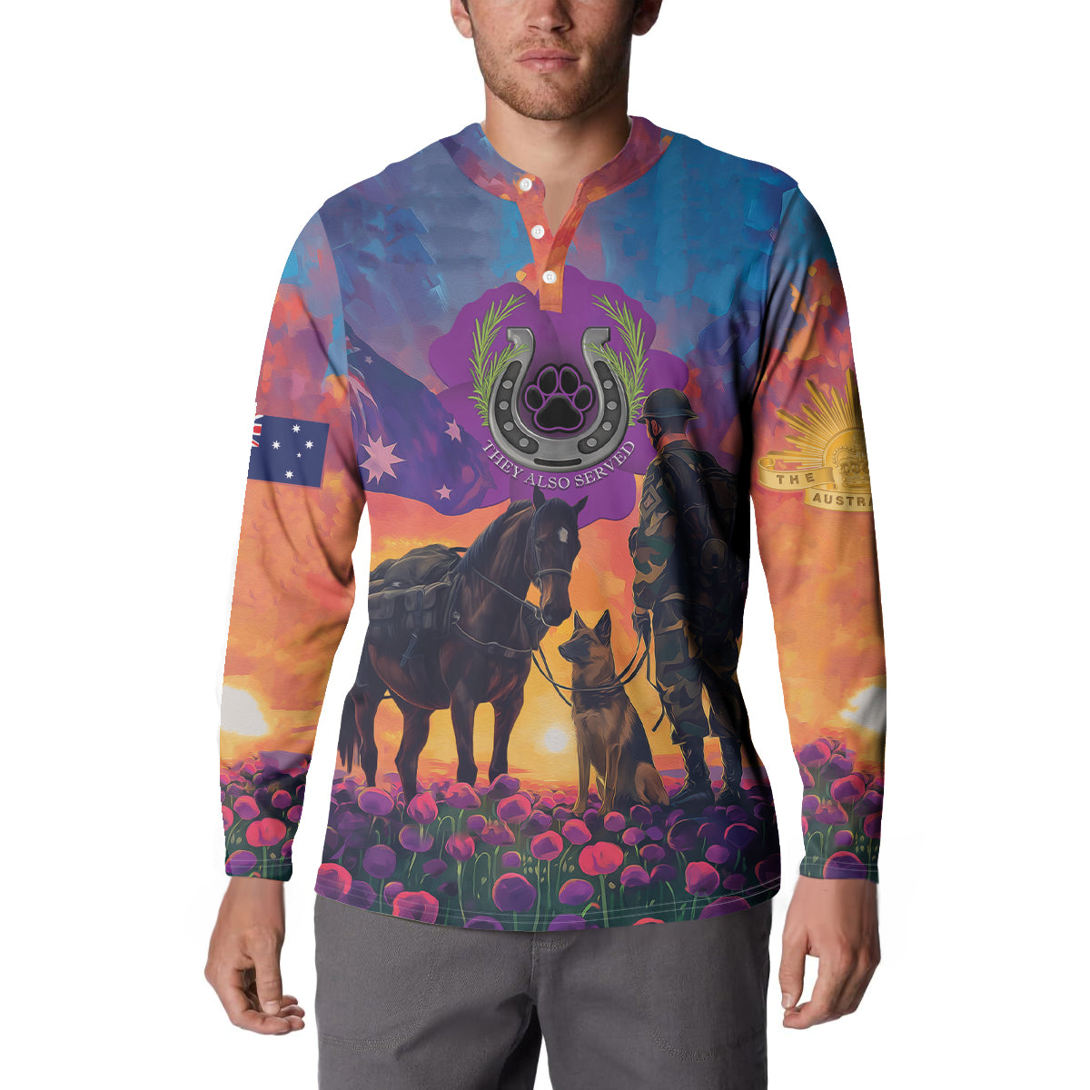 Australia Animals ANZAC Button Sweatshirt Dog And Horse Heroes Also Served