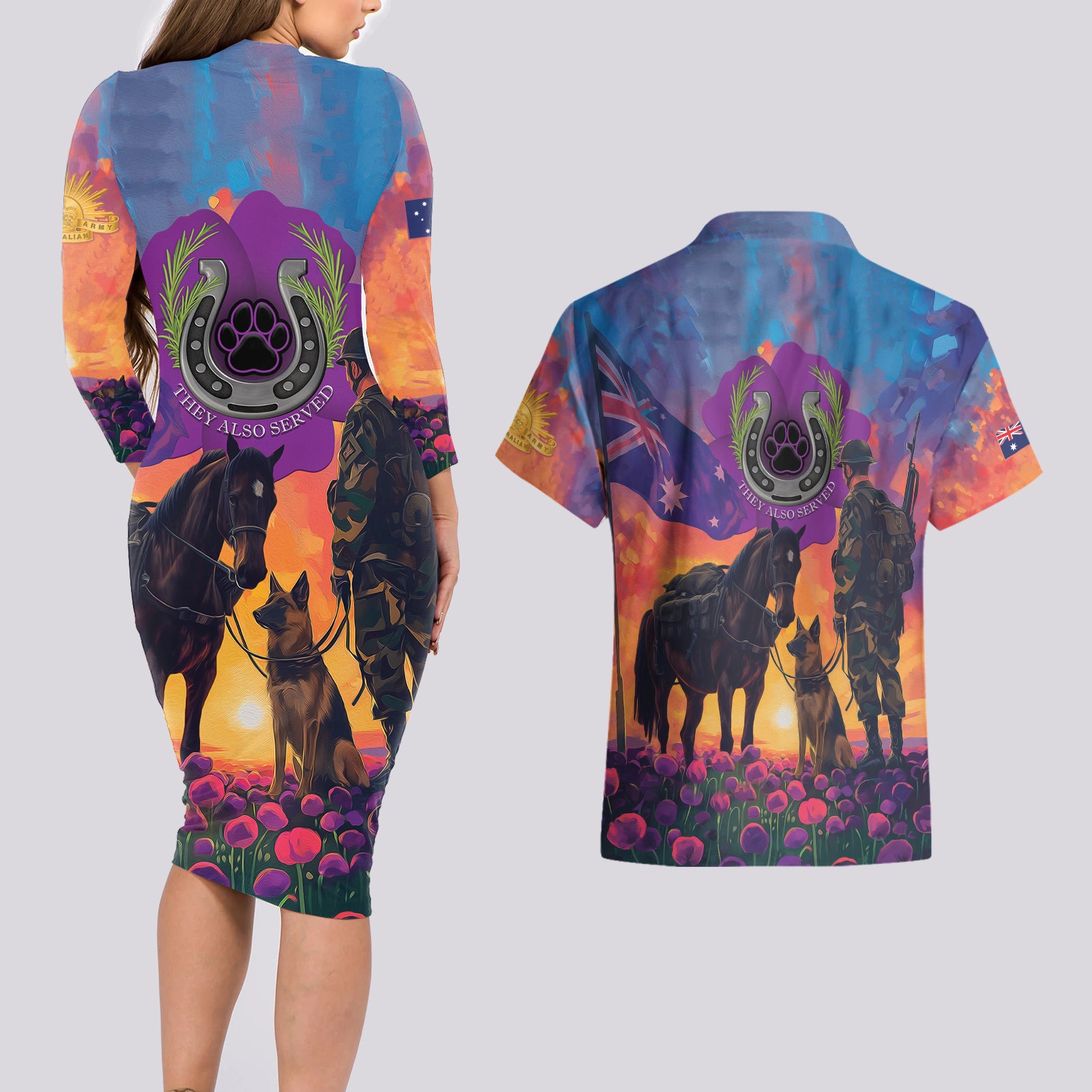 Australia Animals ANZAC Couples Matching Long Sleeve Bodycon Dress and Hawaiian Shirt Dog And Horse Heroes Also Served