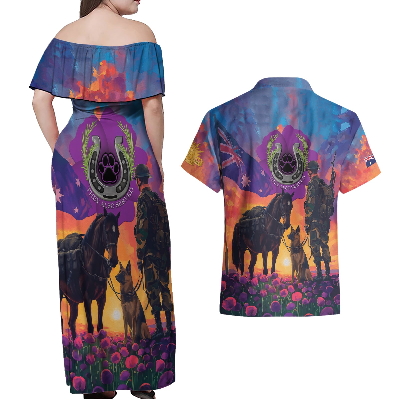 Australia Animals ANZAC Couples Matching Off Shoulder Maxi Dress and Hawaiian Shirt Dog And Horse Heroes Also Served