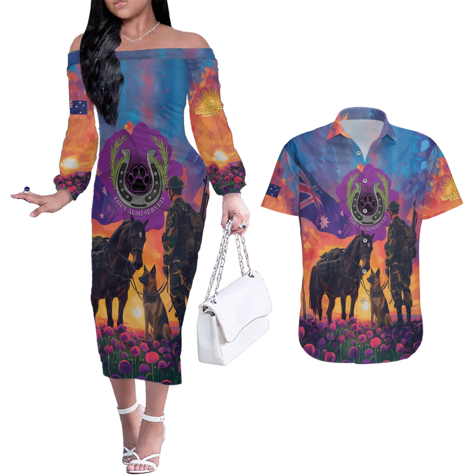 Australia Animals ANZAC Couples Matching Off The Shoulder Long Sleeve Dress and Hawaiian Shirt Dog And Horse Heroes Also Served