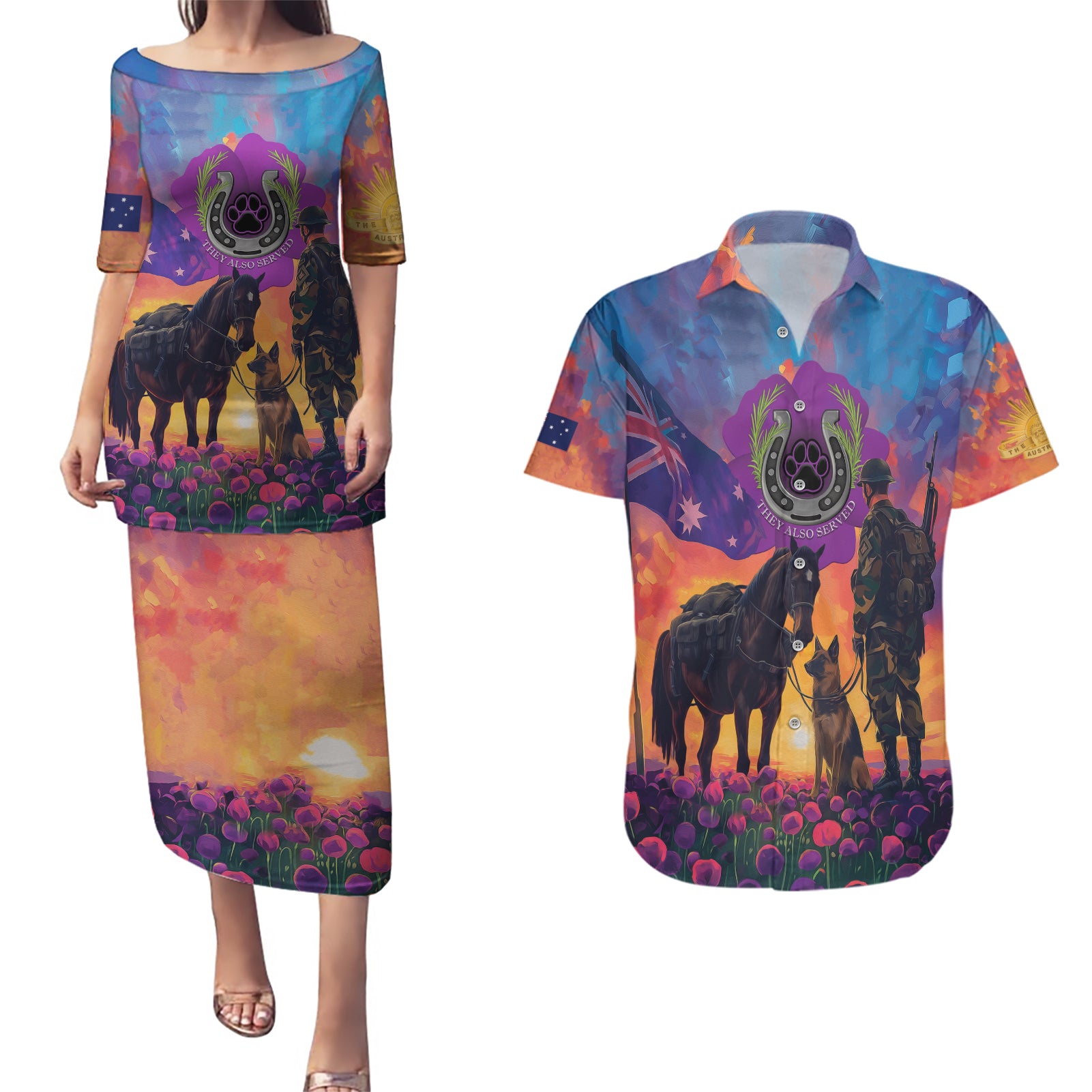 Australia Animals ANZAC Couples Matching Puletasi and Hawaiian Shirt Dog And Horse Heroes Also Served