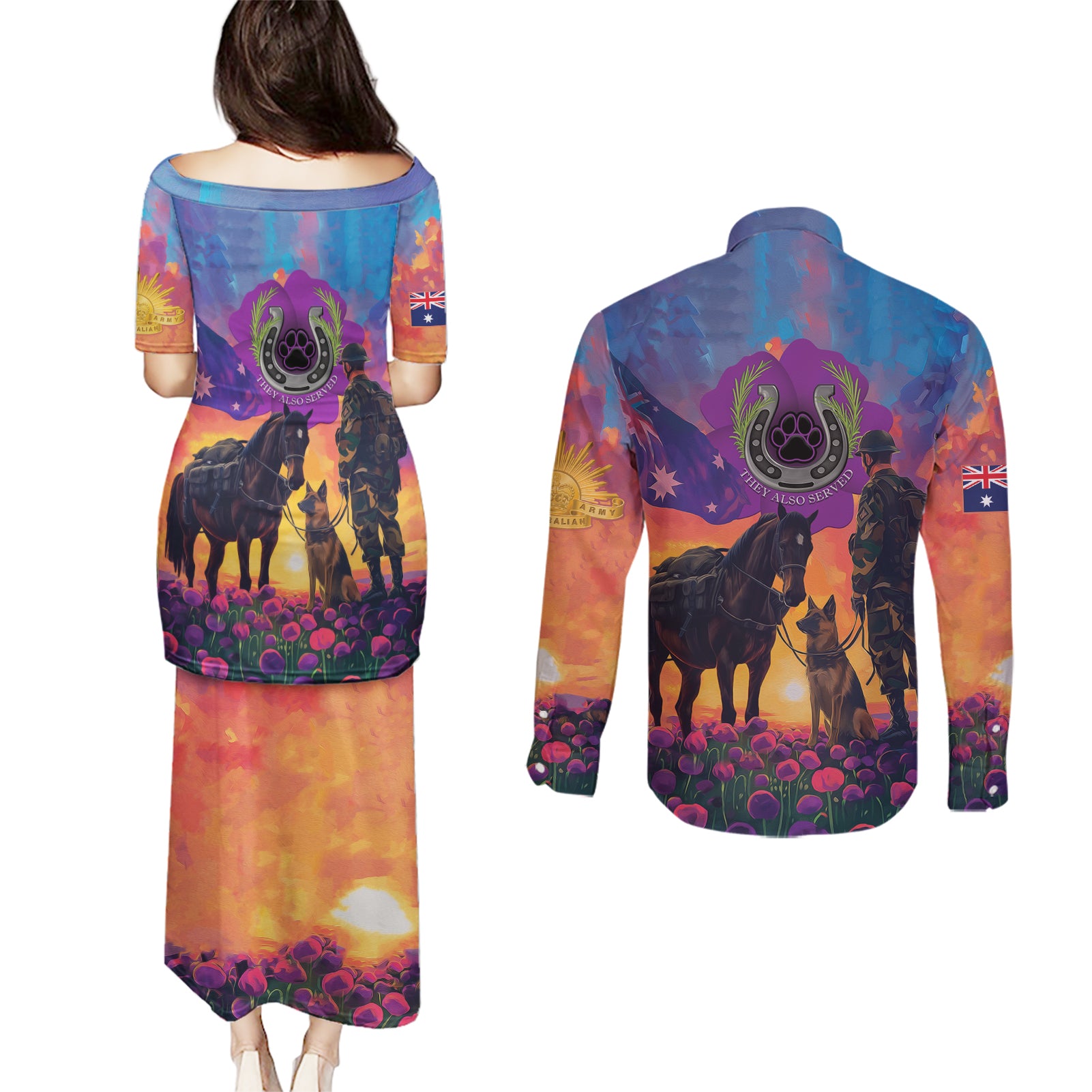Australia Animals ANZAC Couples Matching Puletasi and Long Sleeve Button Shirt Dog And Horse Heroes Also Served