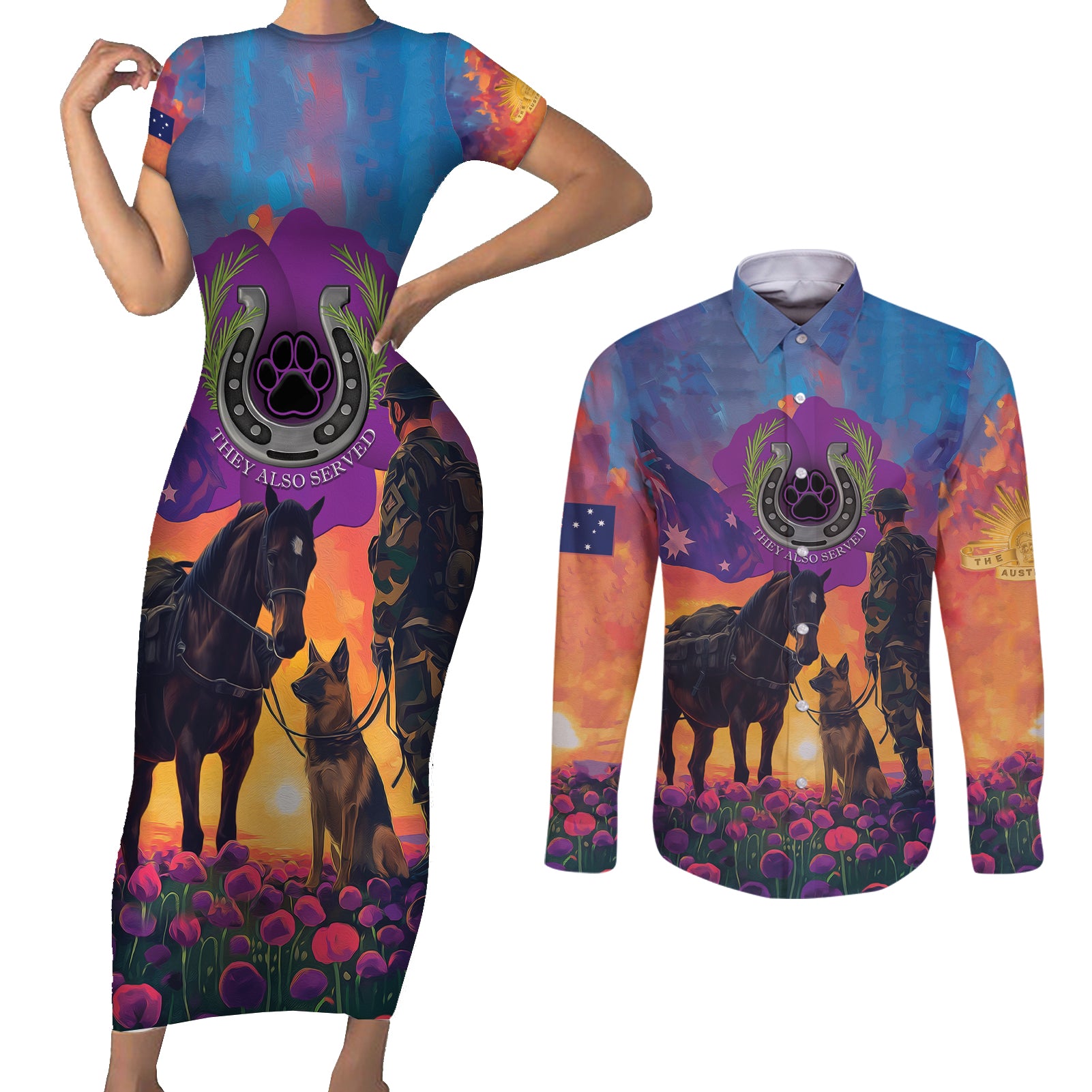 Australia Animals ANZAC Couples Matching Short Sleeve Bodycon Dress and Long Sleeve Button Shirt Dog And Horse Heroes Also Served