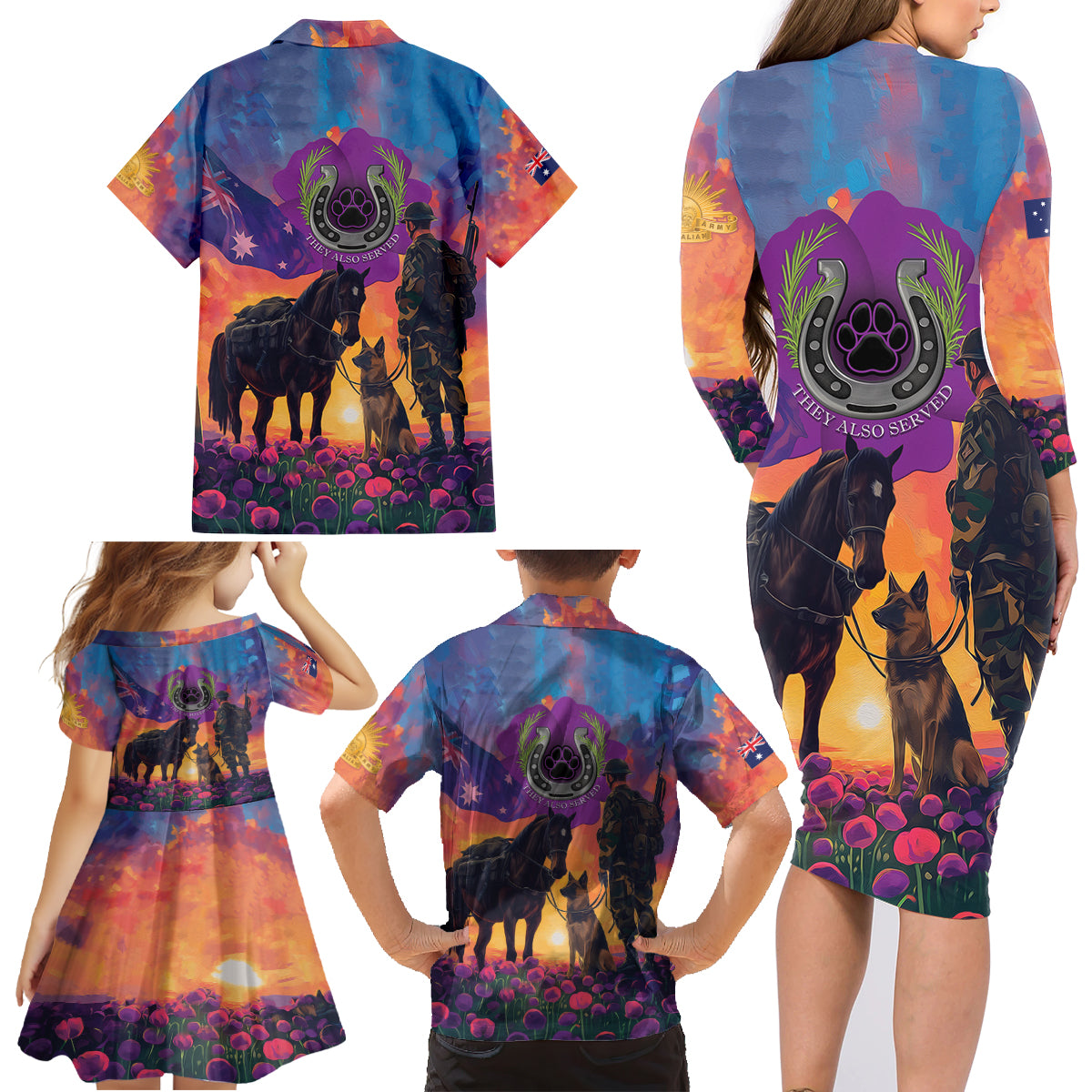Australia Animals ANZAC Family Matching Long Sleeve Bodycon Dress and Hawaiian Shirt Dog And Horse Heroes Also Served
