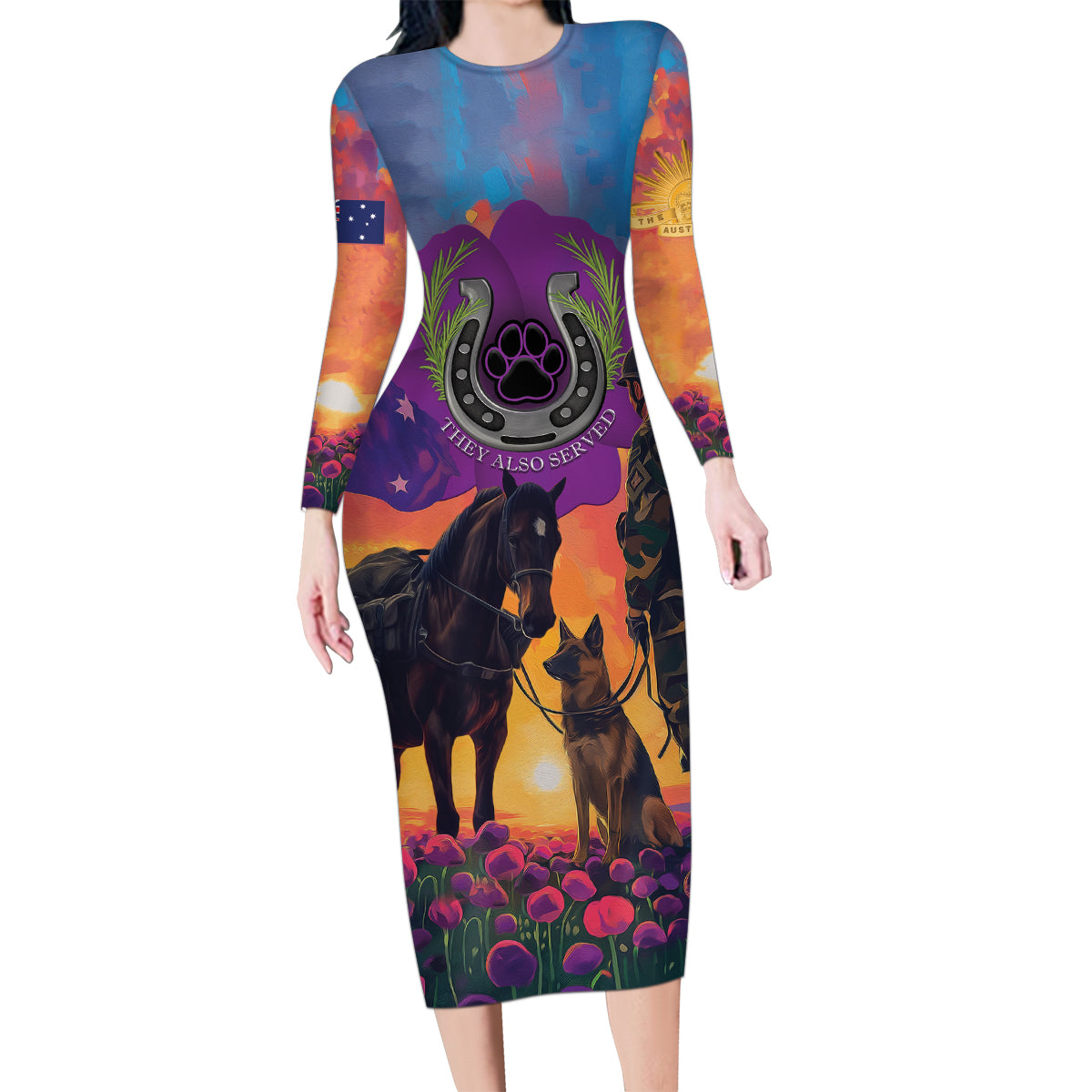 Australia Animals ANZAC Family Matching Long Sleeve Bodycon Dress and Hawaiian Shirt Dog And Horse Heroes Also Served