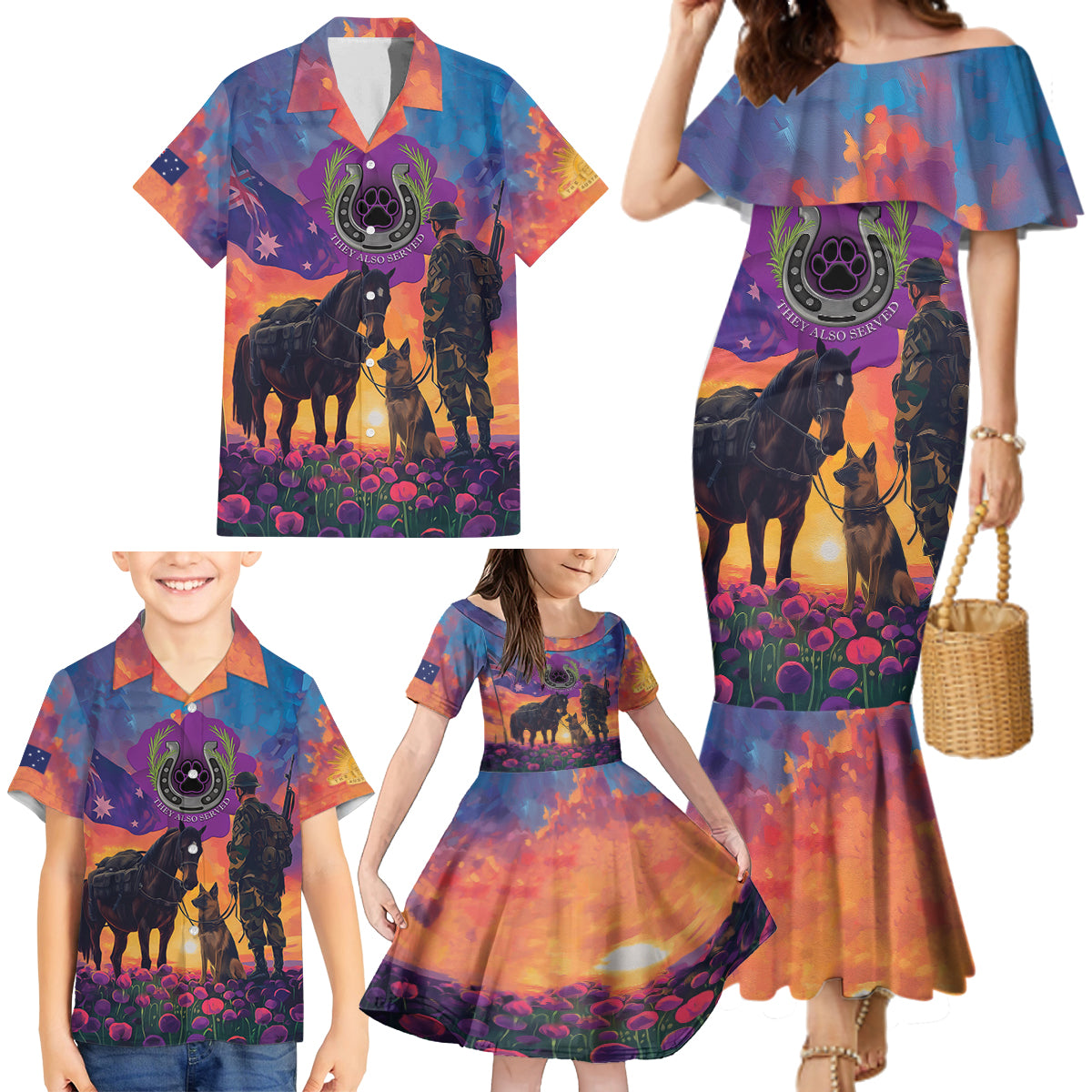 Australia Animals ANZAC Family Matching Mermaid Dress and Hawaiian Shirt Dog And Horse Heroes Also Served