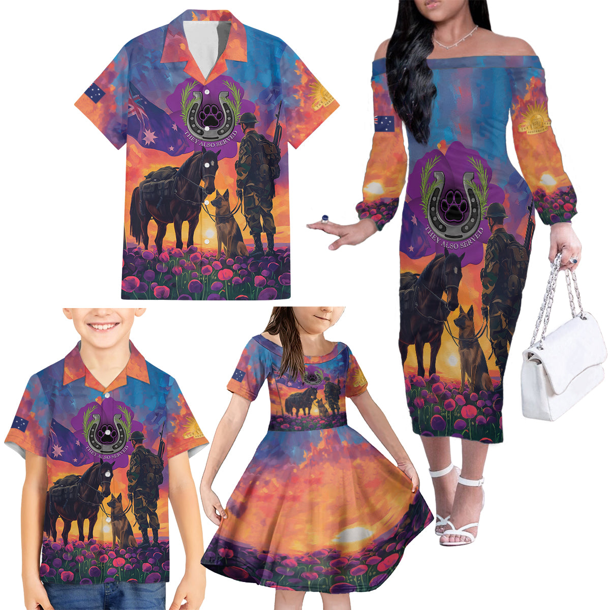 Australia Animals ANZAC Family Matching Off The Shoulder Long Sleeve Dress and Hawaiian Shirt Dog And Horse Heroes Also Served
