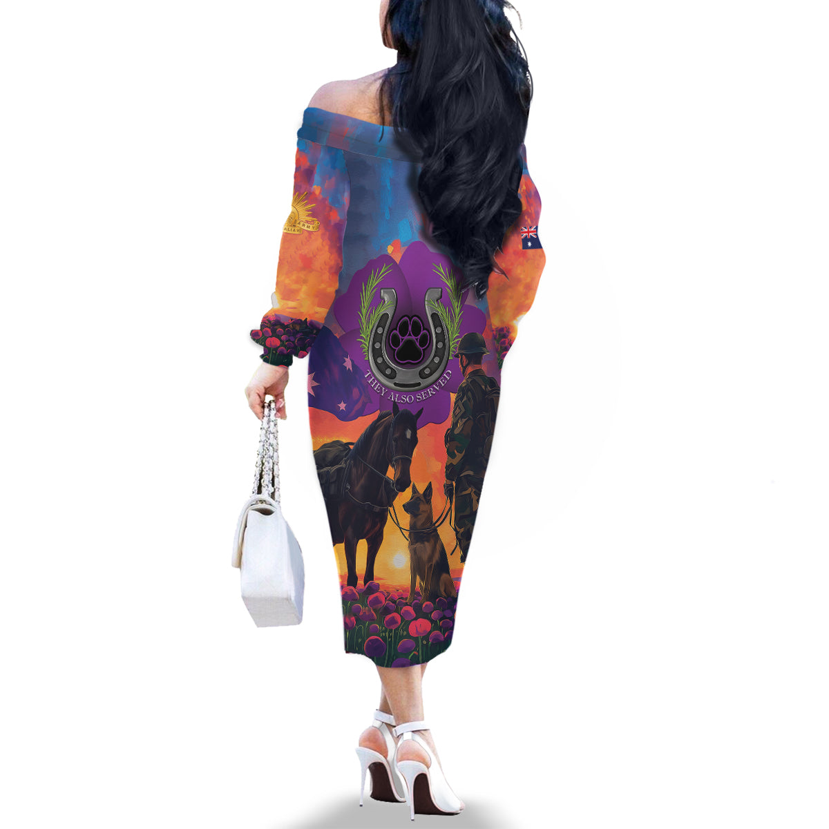 Australia Animals ANZAC Family Matching Off The Shoulder Long Sleeve Dress and Hawaiian Shirt Dog And Horse Heroes Also Served