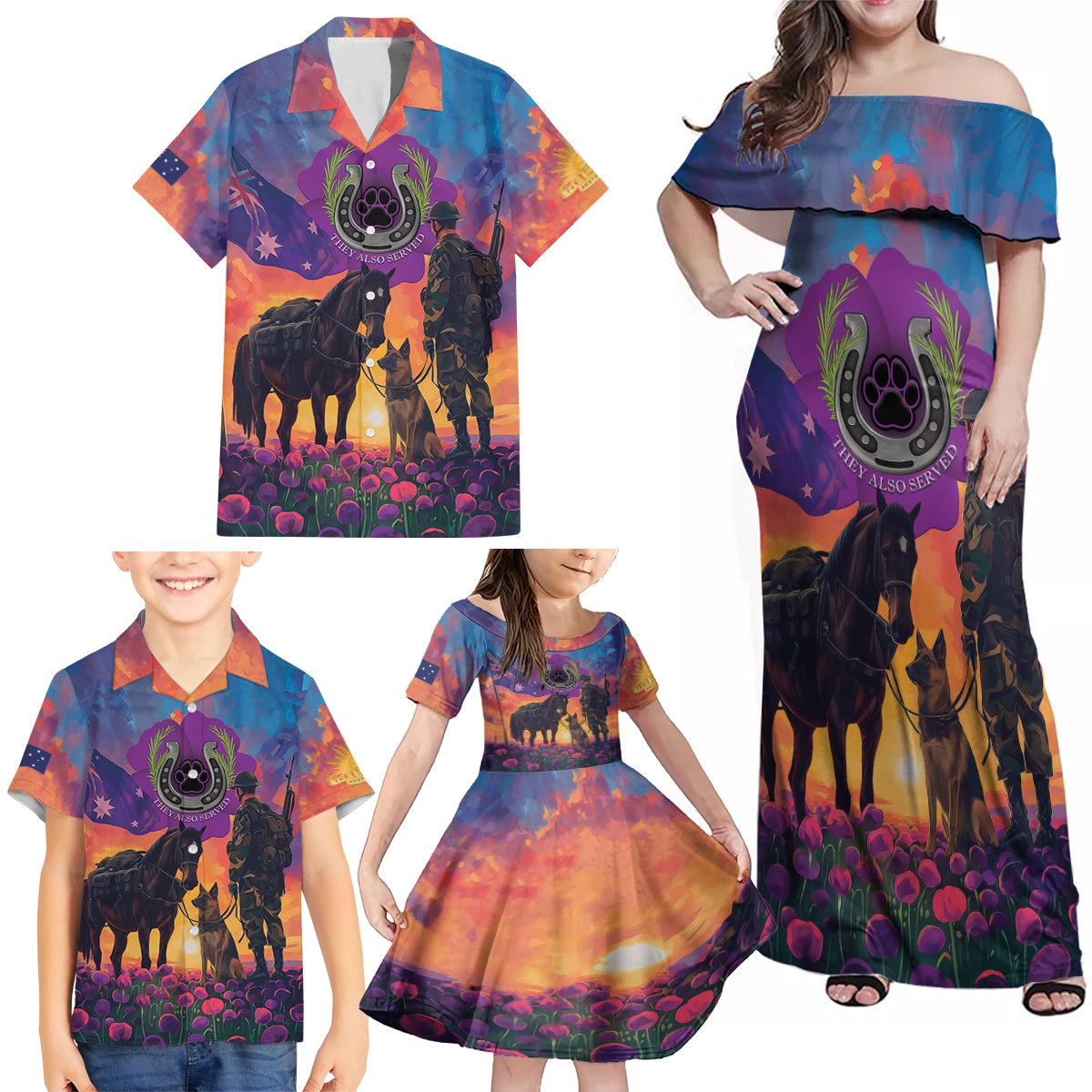 Australia Animals ANZAC Family Matching Off Shoulder Maxi Dress and Hawaiian Shirt Dog And Horse Heroes Also Served