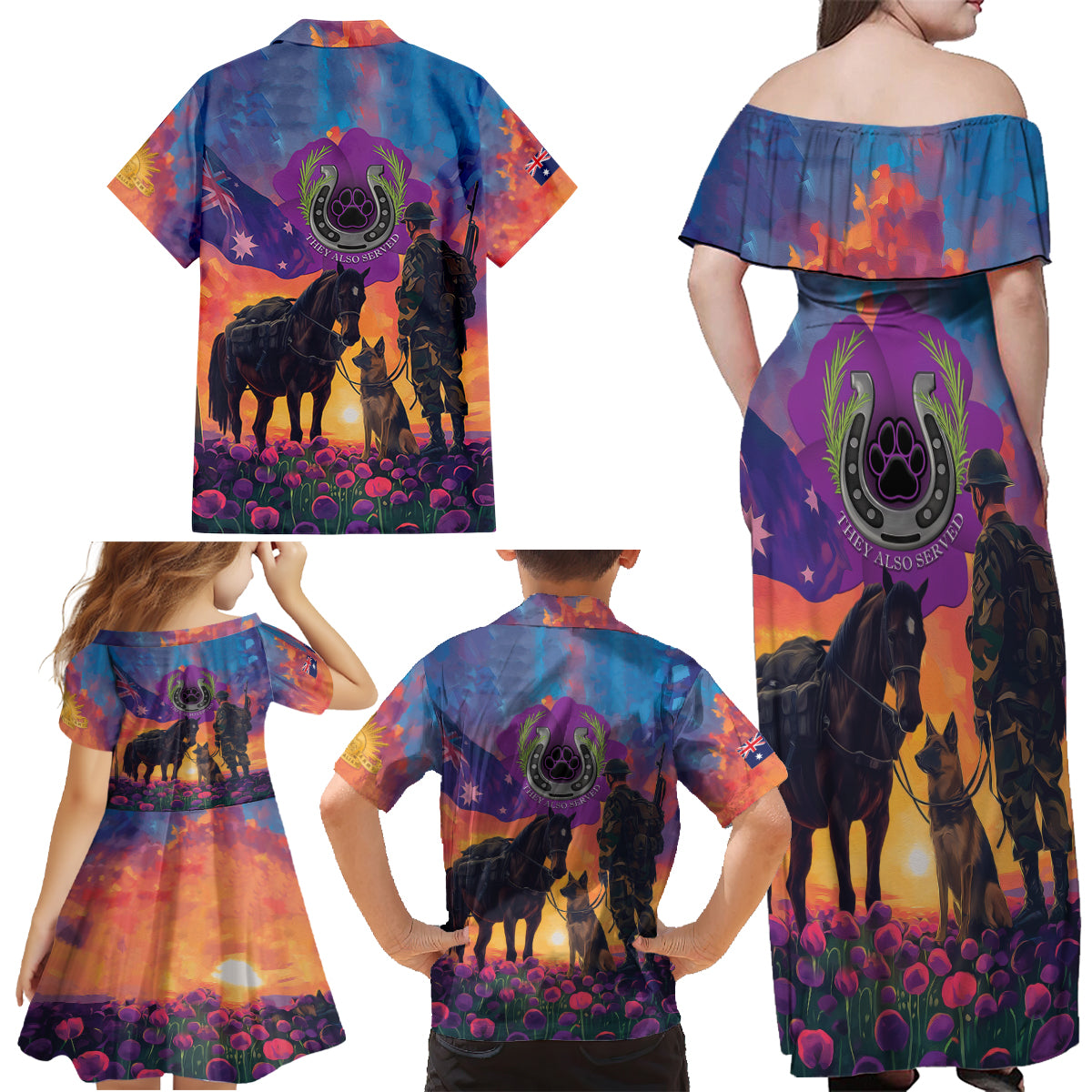 Australia Animals ANZAC Family Matching Off Shoulder Maxi Dress and Hawaiian Shirt Dog And Horse Heroes Also Served