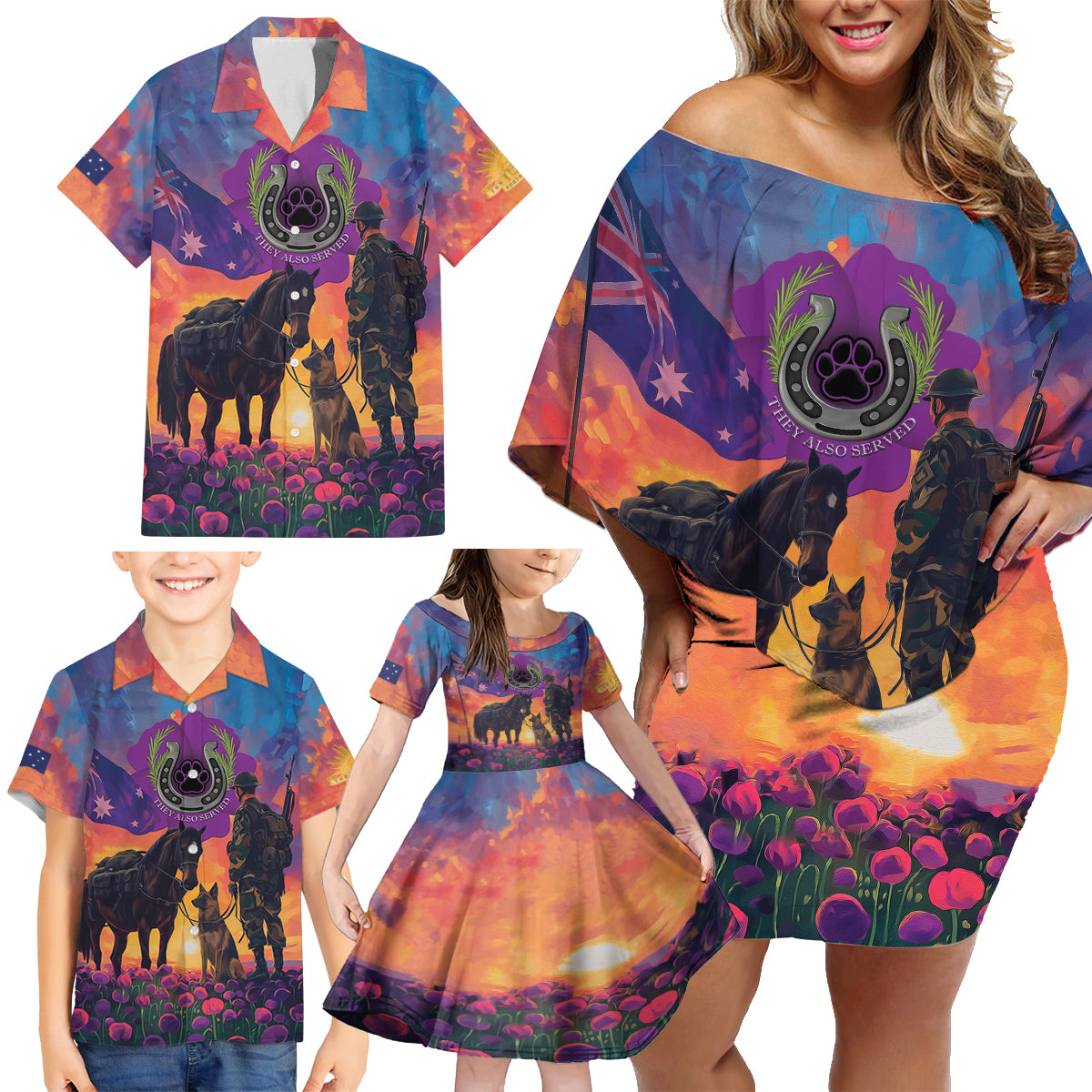 Australia Animals ANZAC Family Matching Off Shoulder Short Dress and Hawaiian Shirt Dog And Horse Heroes Also Served