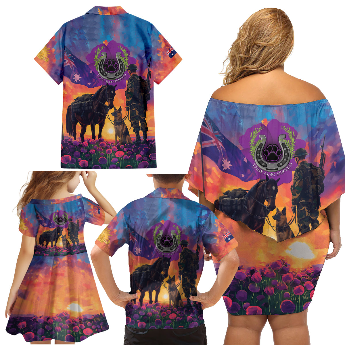 Australia Animals ANZAC Family Matching Off Shoulder Short Dress and Hawaiian Shirt Dog And Horse Heroes Also Served