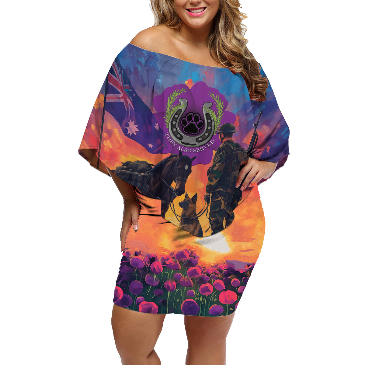 Australia Animals ANZAC Family Matching Off Shoulder Short Dress and Hawaiian Shirt Dog And Horse Heroes Also Served