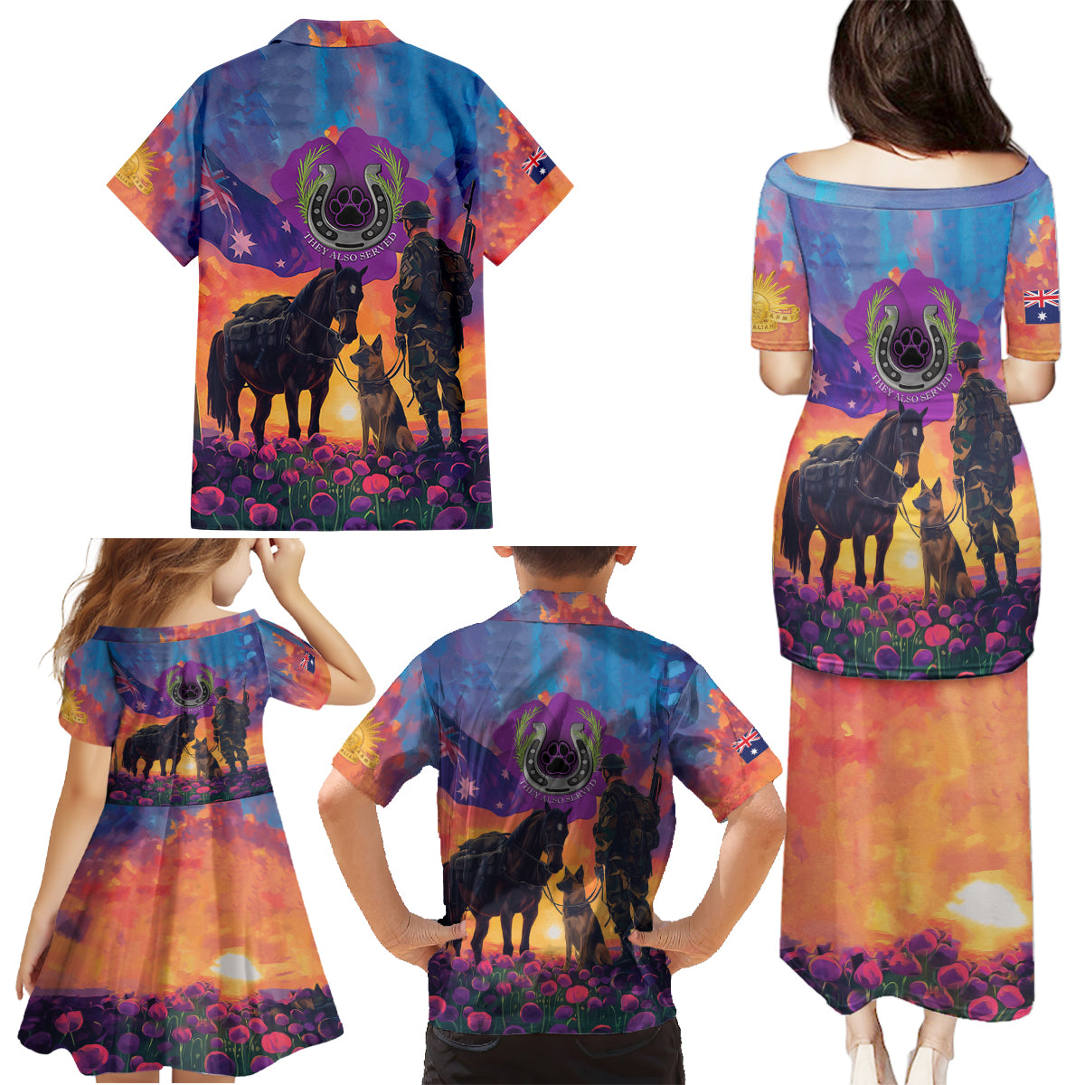 Australia Animals ANZAC Family Matching Puletasi and Hawaiian Shirt Dog And Horse Heroes Also Served